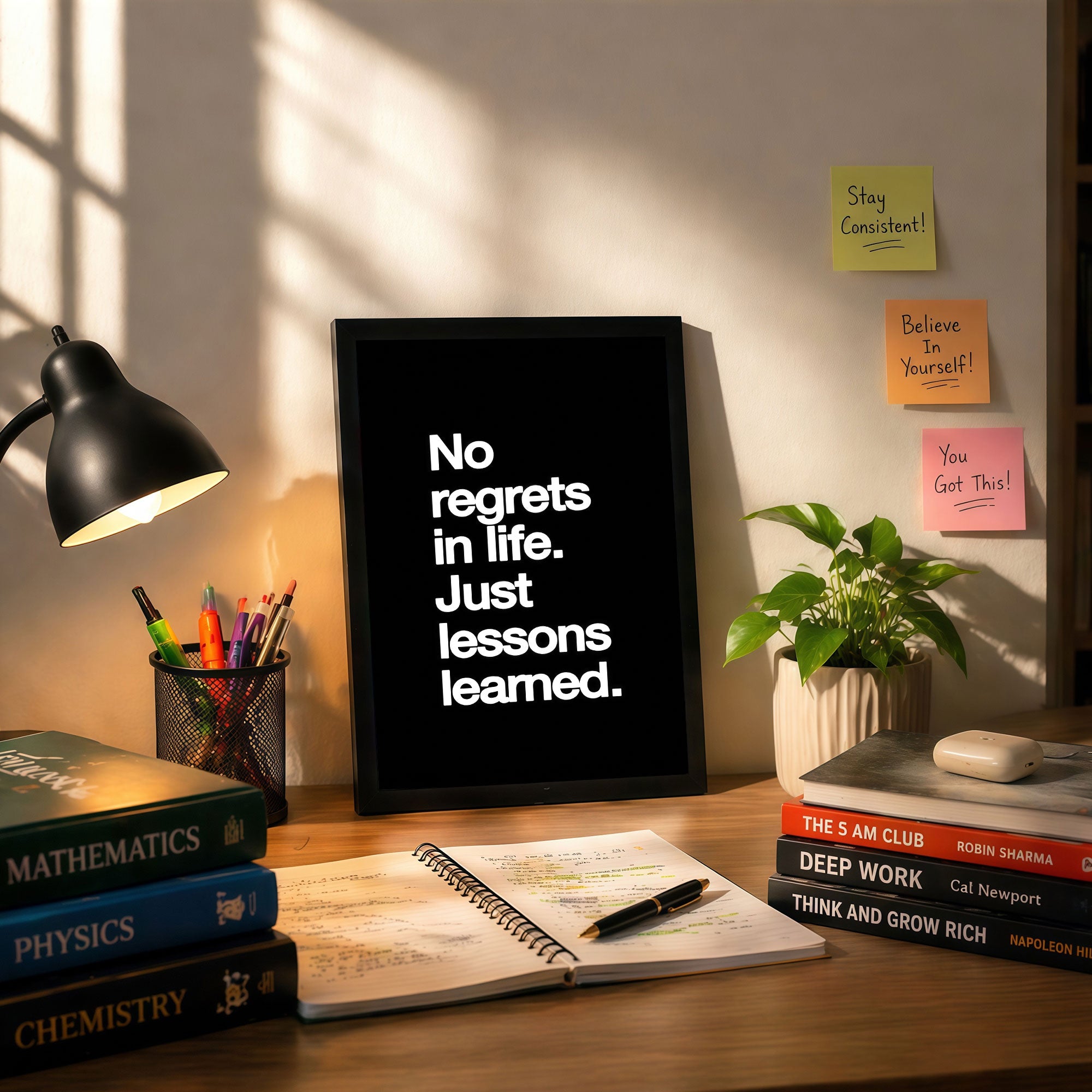 The Castle Decor No Regrets in Life Just Lessons Learned Wall Art Frame | Positive Mindset Motivational Poster for Office, Bedroom | Minimal Typography HD Print