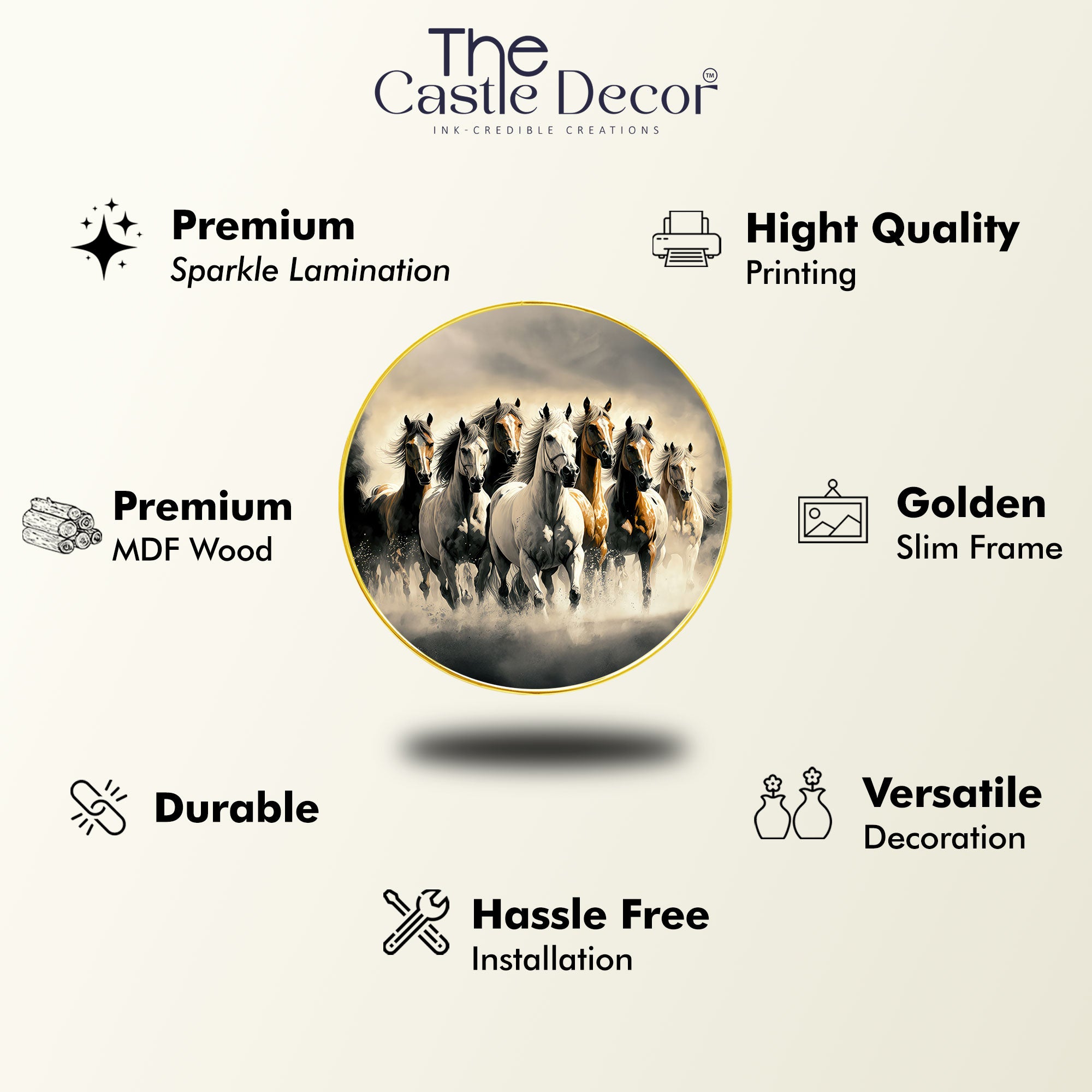 The Castle Decor Vastu 7 Horses Running Wall Hanging | Elegant Golden Round Frame Painting for Home, Hotel, Living Room & Gift Decoration