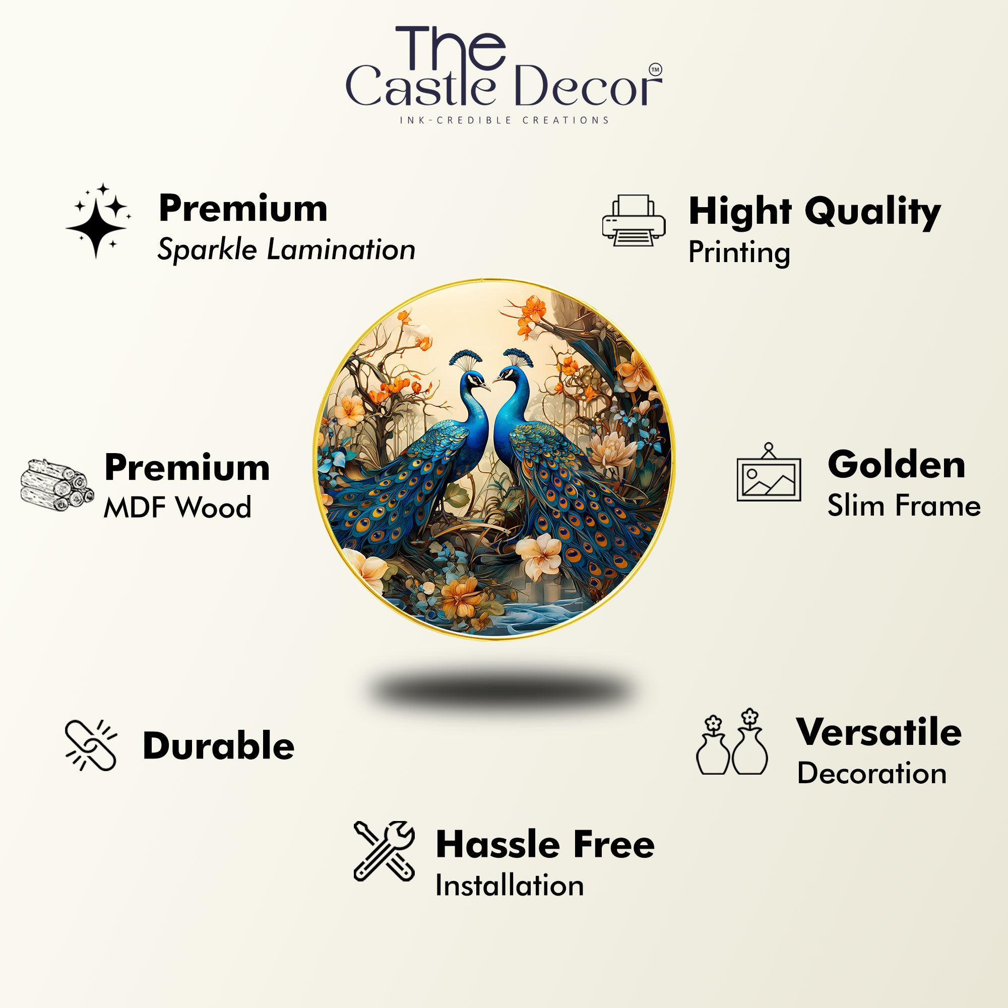 The Castle Decor Vastu Inspired Peacock Painting | Elegant Round Frame Wall Hanging for Home Decoration, Living Room, Hotel & Gift