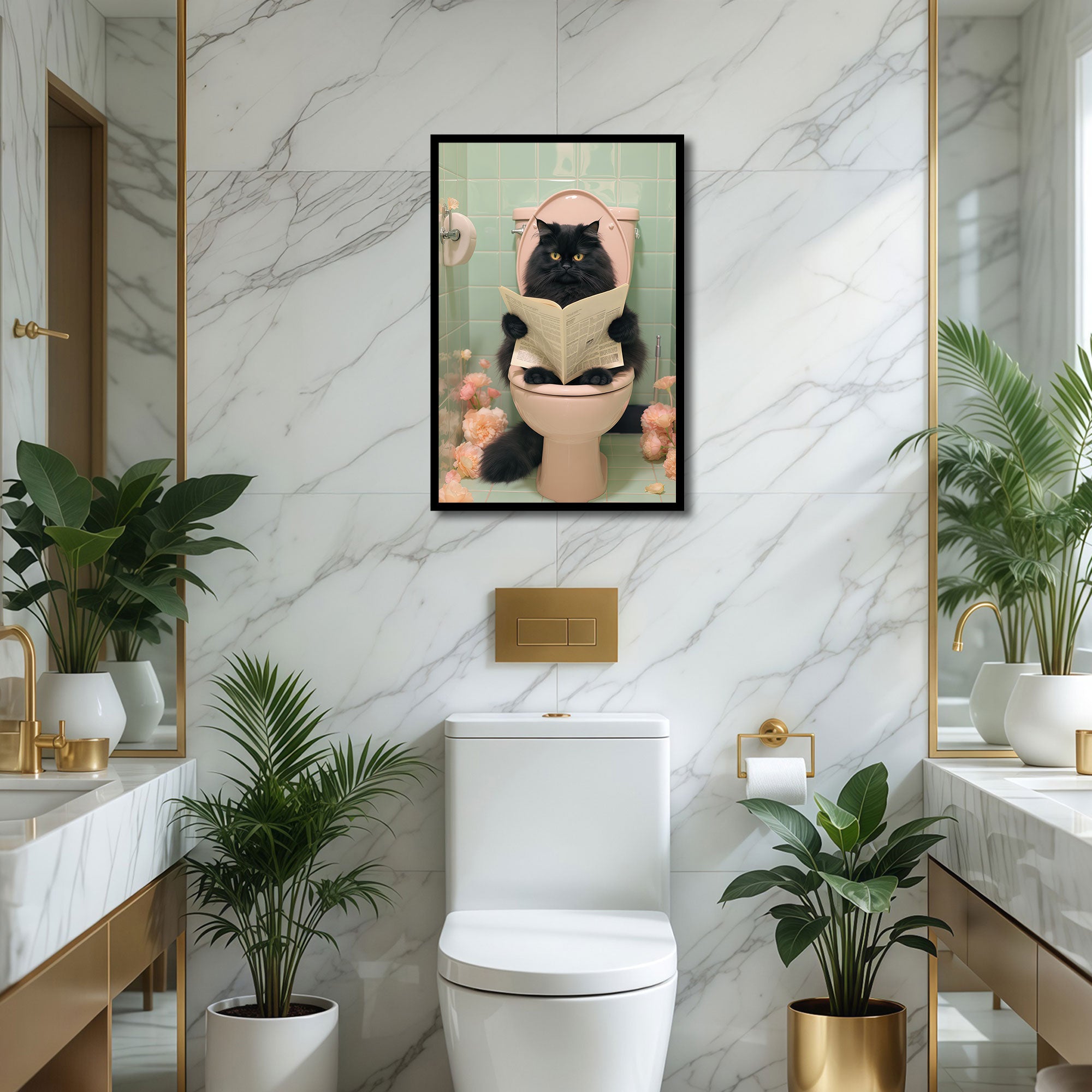 The Castle Decor Funny Black Cat Reading Newspaper on Toilet Framed Wall Art – Fluffy Persian Cat Bathroom Decor, Whimsical Animal Restroom Framed Poster, Humorous Gift for Cat Lovers
