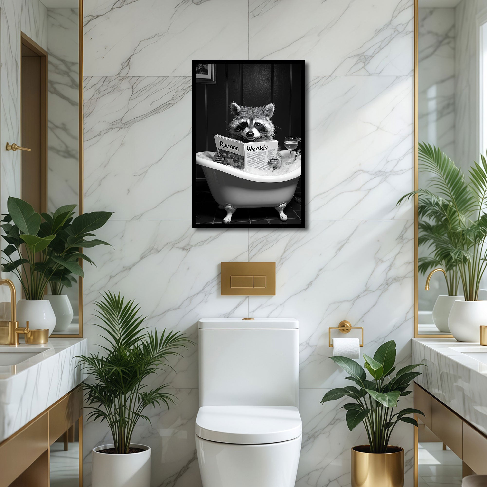 The Castle Decor Funny Raccoon in Bathtub Reading Newspaper Framed Wall Art – Black and White Whimsical Animal in Bubble Bath Framed Poster, Humorous Restroom Decor