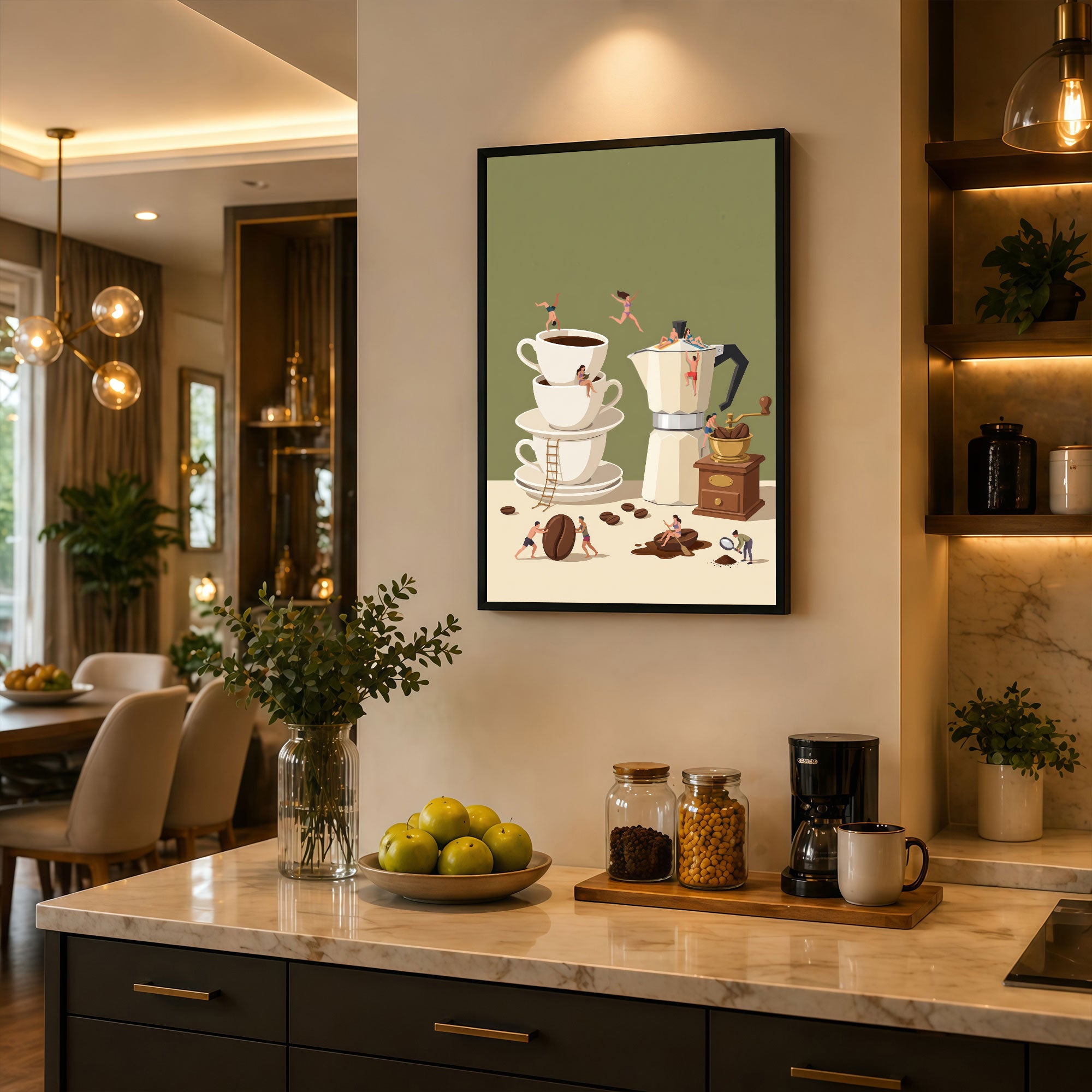 The Castle Decor Coffee Brewing Wall Art Frame | Kitchen Coffee Decor | Sparkle Finish MDF Painting with Premium Fiber Frame for Home, Café & Dining Area