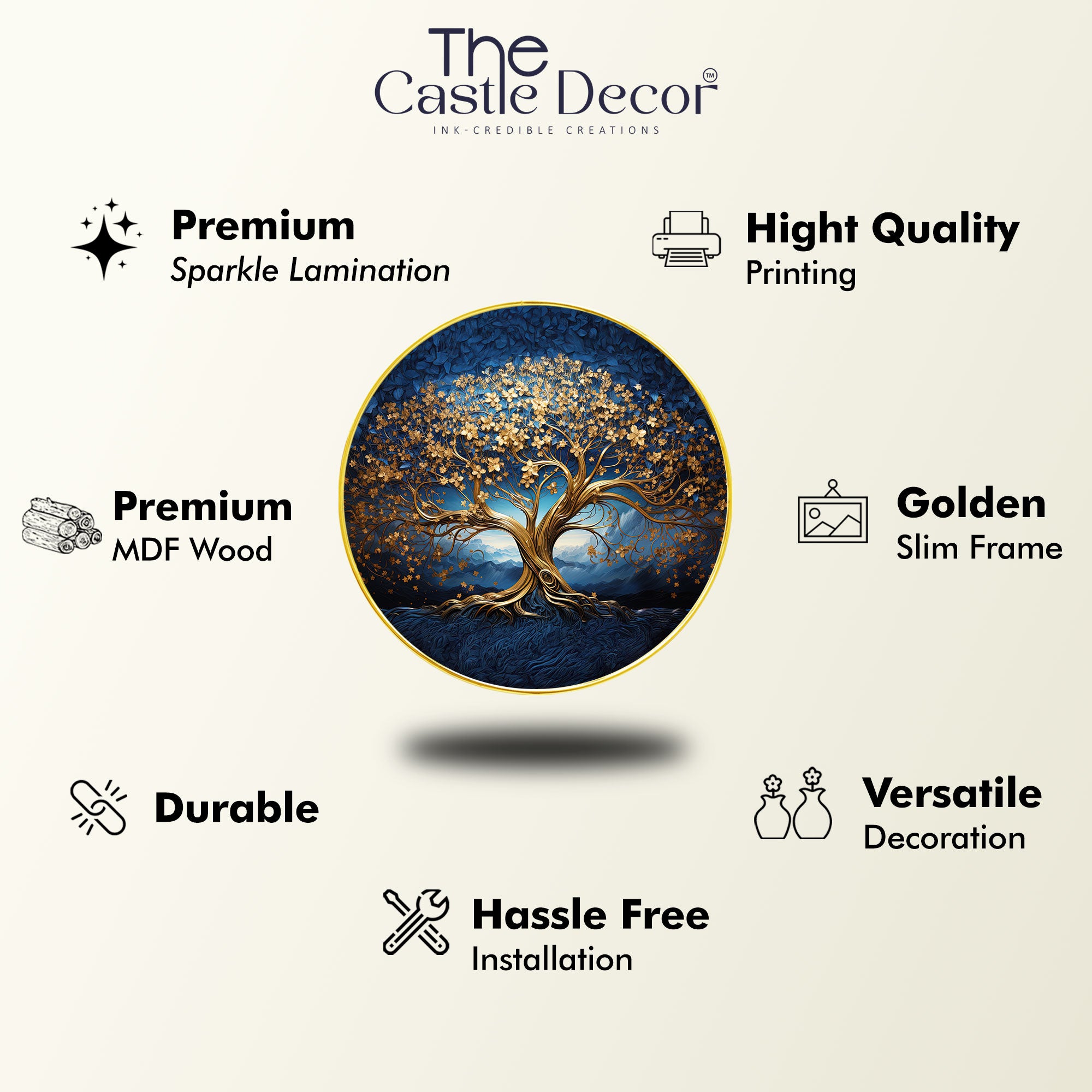 The Castle Decor Golden Wish Tree Wall Hanging | Round Frame Painting for Home Decoration, Living Room, Hotel & Gift Option