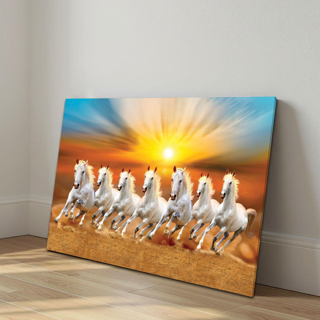 The Castle Decor 7 Running White Horses Wall Painting, Sunrise Sunset Theme, Vastu Wall Art for Living Room, Office, Bedroom Decor 12x18 inch 1005