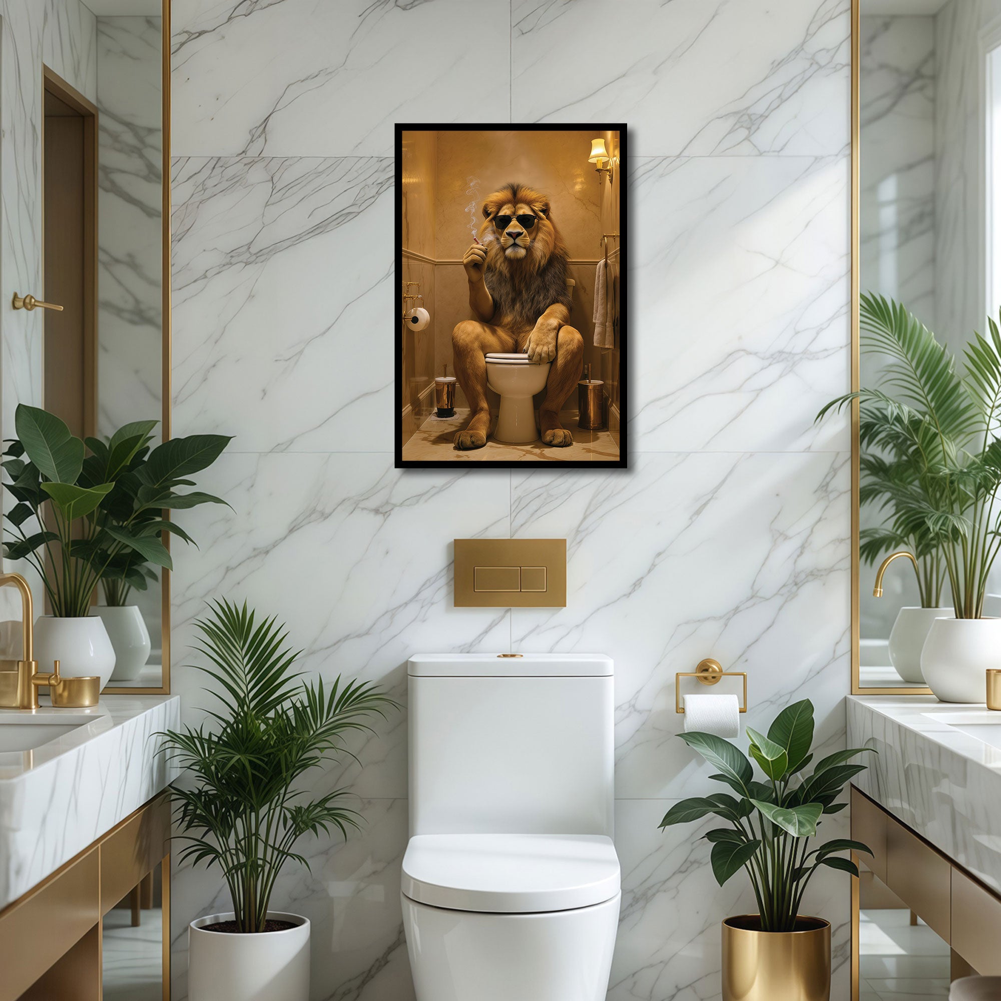 The Castle Decor Funny Lion with Sunglasses on Toilet Framed Wall Art – Cool King of the Jungle Smoking in Bathroom Framed Poster, Humorous Animal Restroom Decor, Quirky Man Cave