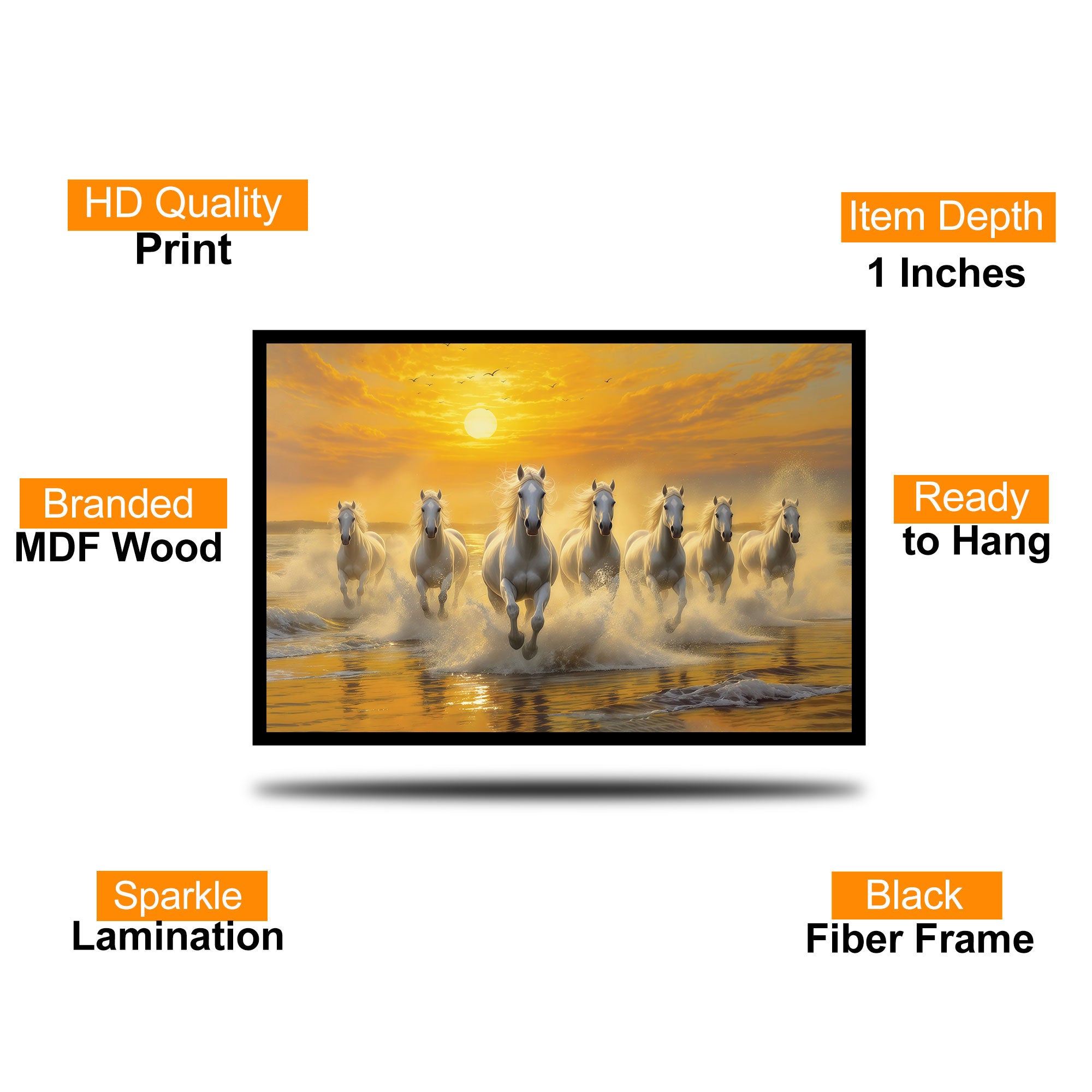 The Castle Decor 7 Running White Horses Wall Painting, Sunrise Sunset Theme, Vastu Wall Art for Living Room, Office, Bedroom Decor 20X30  inch -1002