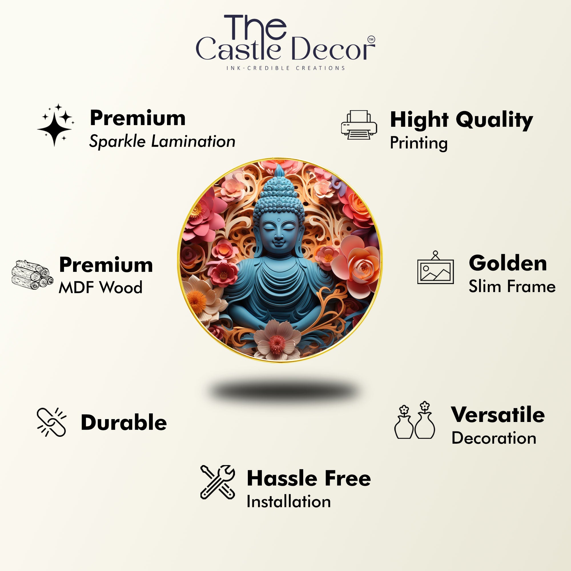 The Castle Decor Buddha Meditation Wall Hanging | Peaceful Golden Frame Artwork for Home, Living Room, Bedroom & Gift Décor