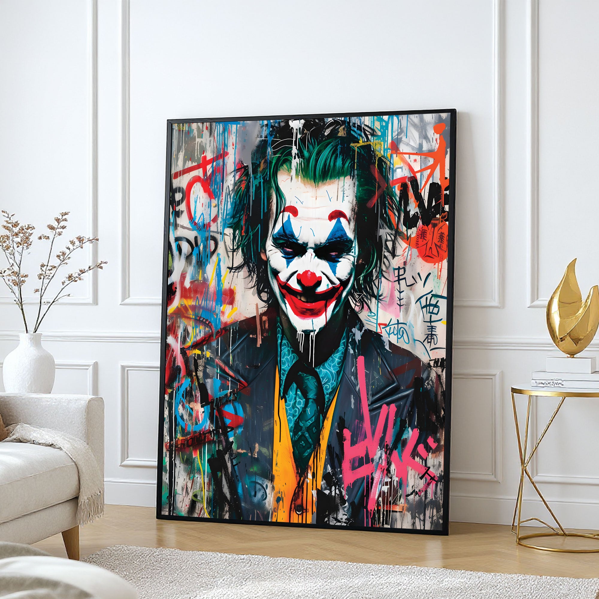 The Castle Decor Joker Graffiti Wall Art – Dark Pop Art Street Style Portrait with Premium Sparkle Finish, 20×30 Inch Wall Décor for Man Cave & Creative Room