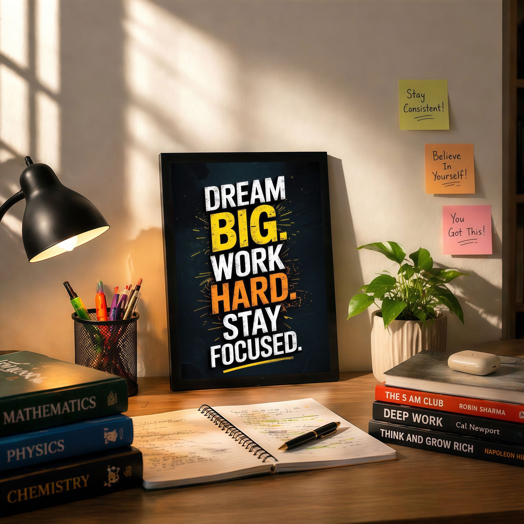 The Castle Decor Dream Big Work Hard Stay Focused Wall Art Frame | Motivational Quote Poster for Office, Study & Home Decor