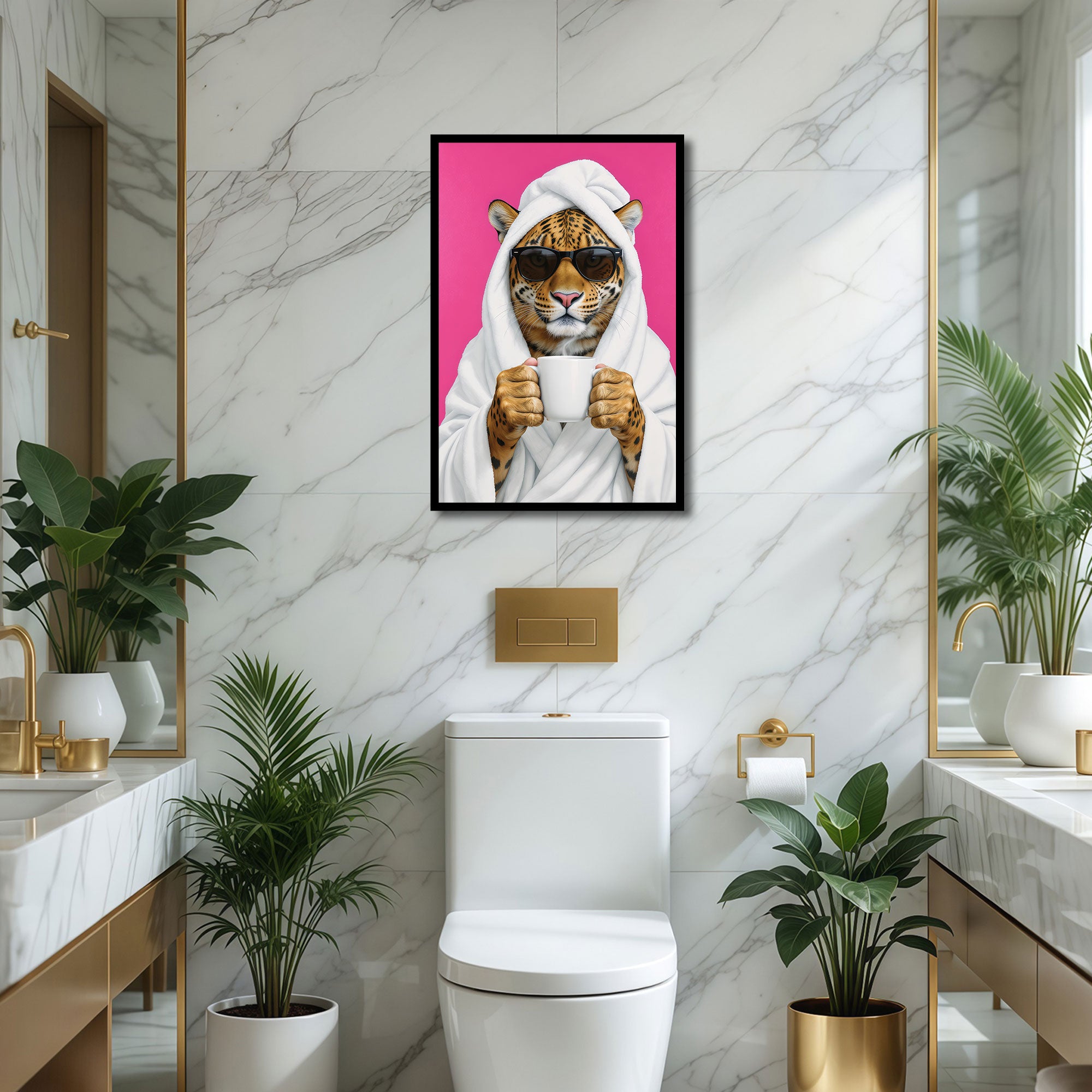 The Castle Decor Cute Leopard in White Bathrobe holding Coffee Mug Framed Wall Art – Funny Animal with Sunglasses Spa Bathroom Framed Poster, Humorous Powder Room Decor