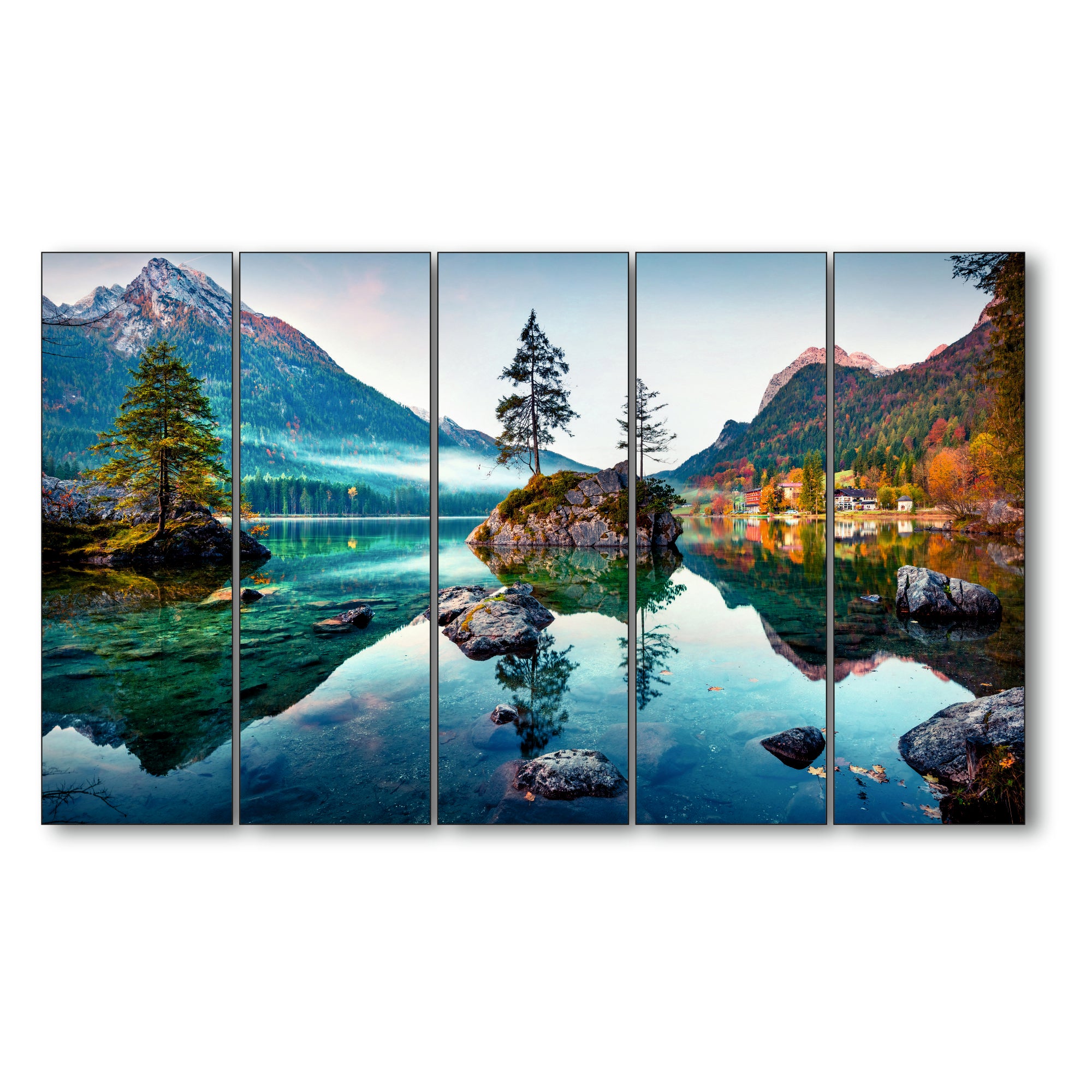 Beautiful Autumn scene of Hintersee Set of 5 Big Size Multiple Frames Wall Art Painting for living room,Bedroom,Drawing room,Hotels-Wooden Framed-Digital Painting