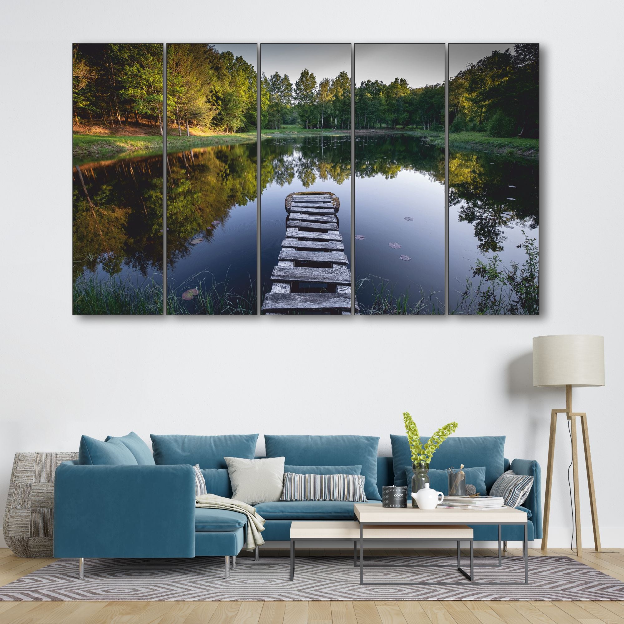 Beautiful Autumn colors lake boardwalk Set of 5 Big Size Multiple Frames Wall Art Painting for living room,Bedroom,Drawing room,Hotels-Wooden Framed-Digital Painting