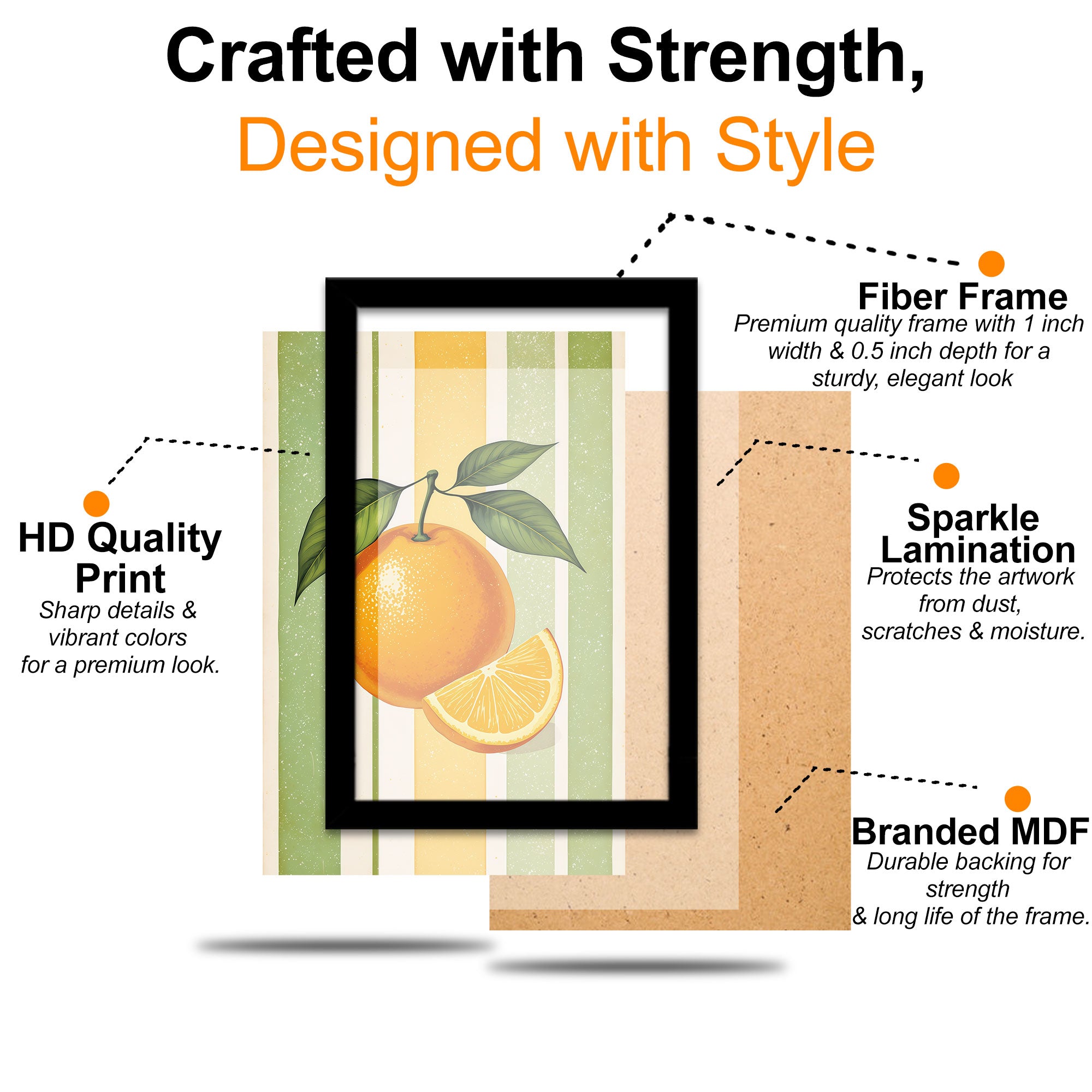The Castle Decor Orange Fruit Kitchen Wall Art Set of 3 Frame | Citrus Wall Decor | Sparkle Lamination Finish with Premium Fiber Frame for Dining & Kitchen