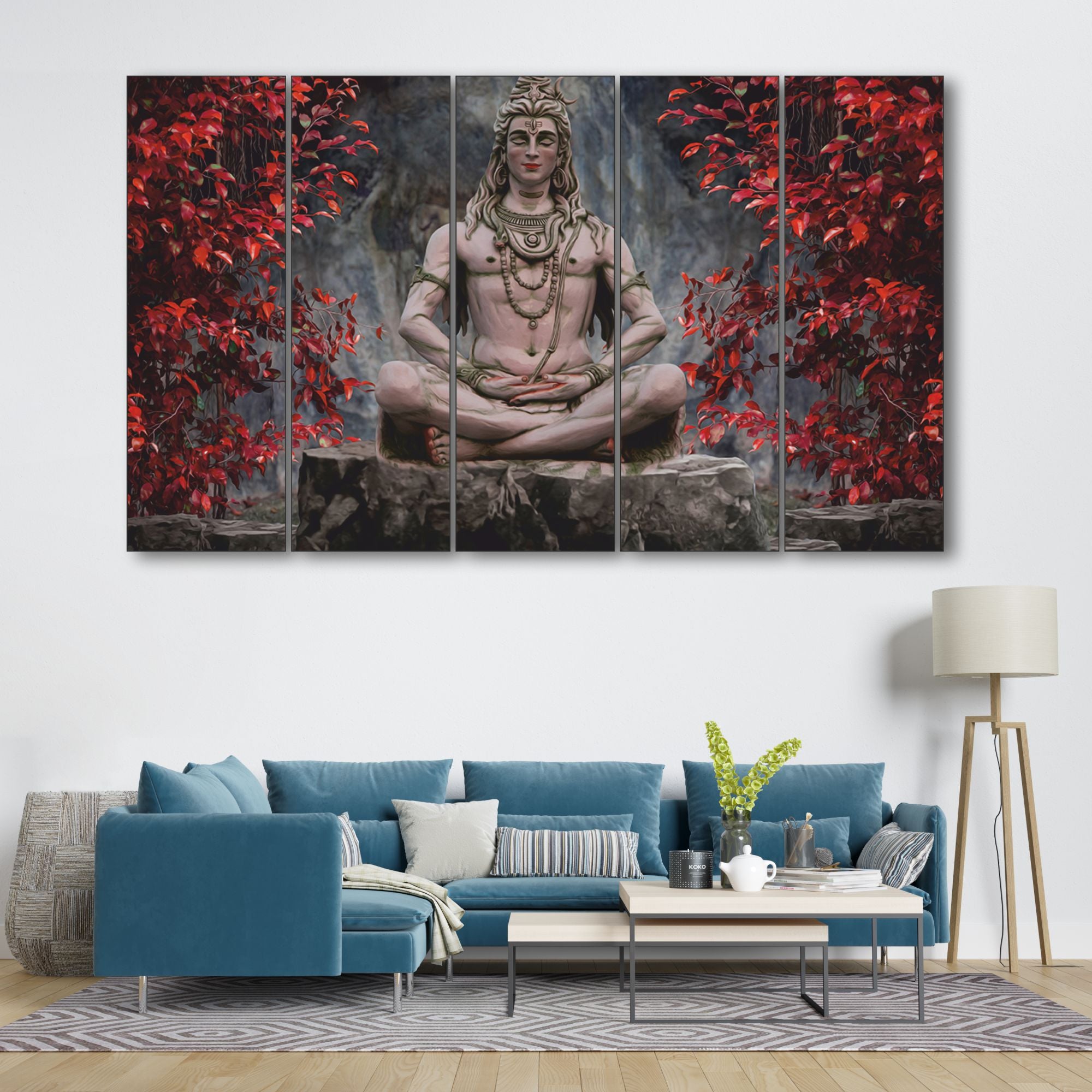 Colour Lord Shiva Meditating Set of 5 Big Size Multiple Frames Wall Art Painting for living room,Bedroom,Drawing room,Hotels-Wooden Framed-Digital Painting