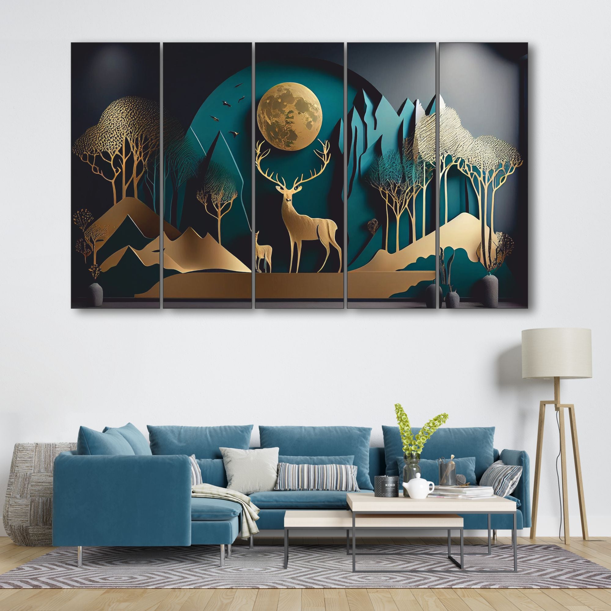 Golden deer nature Set of 5 Big Size Multiple Frames Wall Art Painting for living room,Bedroom,Drawing room,Hotels-Wooden Framed-Digital Painting