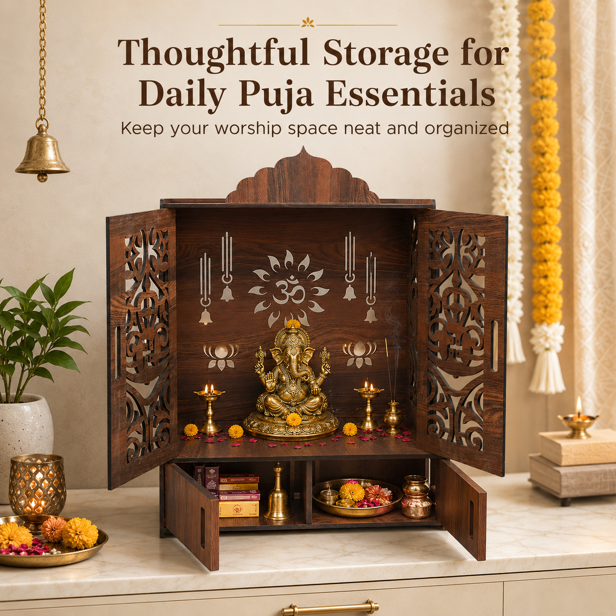 The Castle Decor Wooden Mandir for Home, Wall Hanging & Tabletop Pooja Temple with Double Doors, Om & Lotus Cutwork, Storage Cabinet, Dark Walnut MDF for Pooja Room, 16.5 x 24.5 x 10.5 Inch