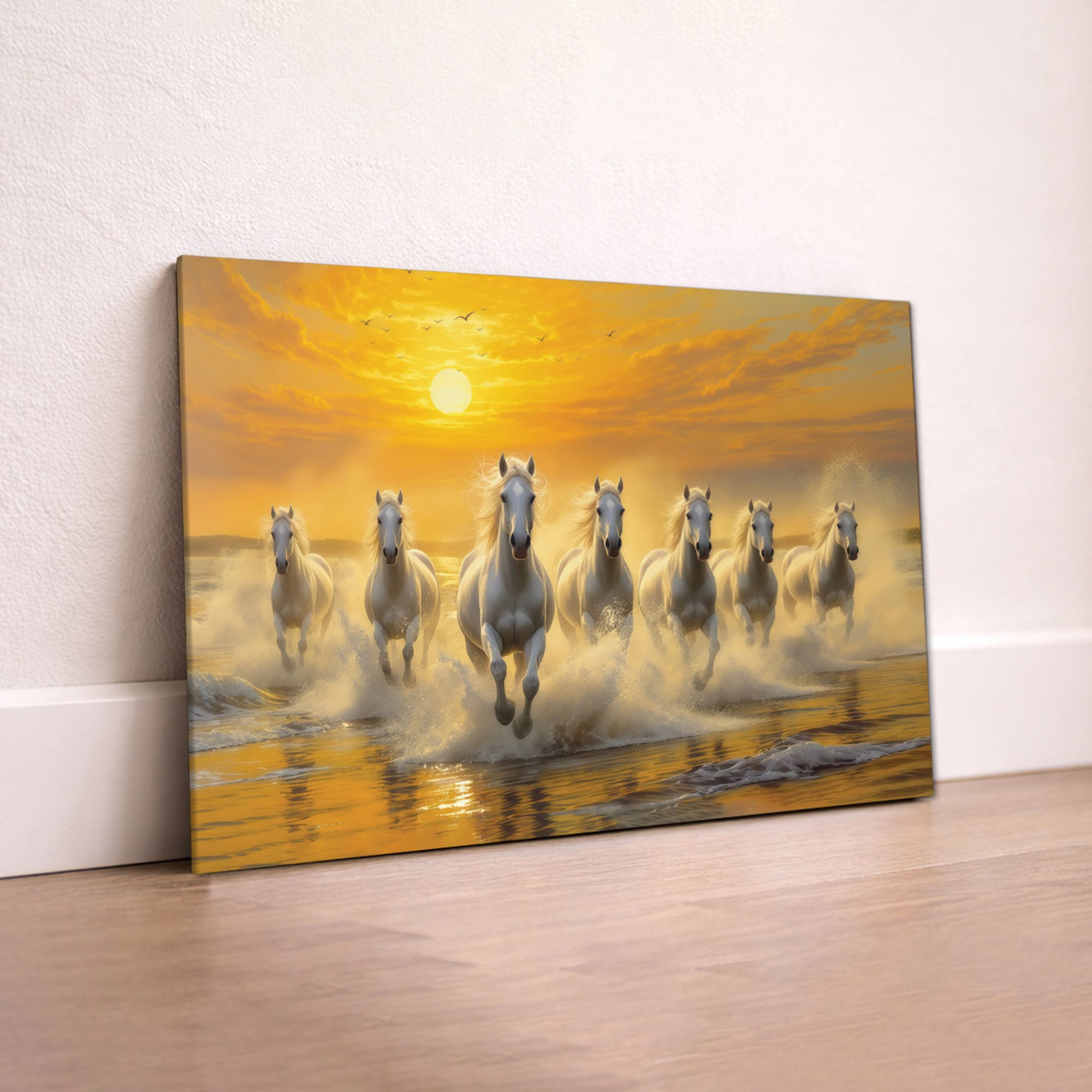 The Castle Decor 7 Running White Horses Wall Painting, Sunrise Sunset Theme, Vastu Wall Art for Living Room, Office, Bedroom Decor 12x18 inch 1002