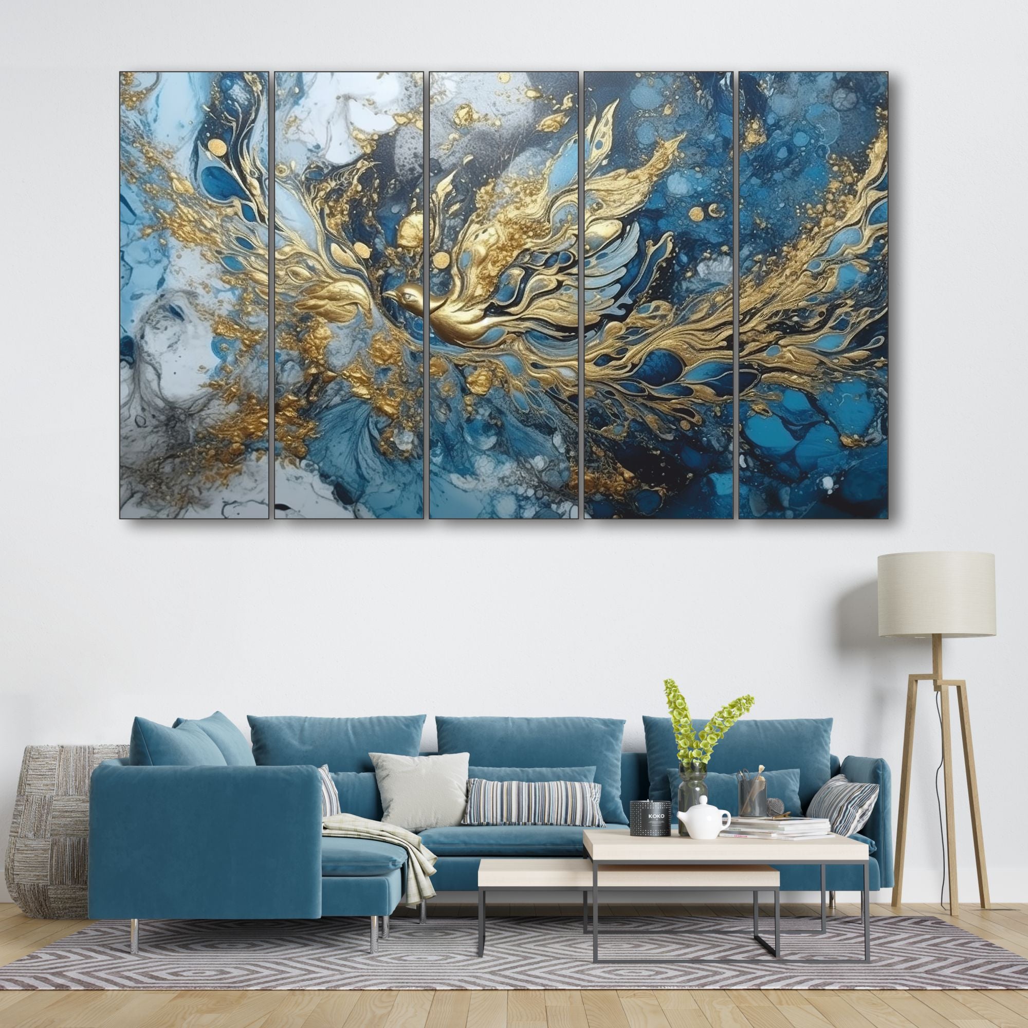 Abstract golden blue Set of 5 Big Size Multiple Frames Wall Art Painting for living room,Bedroom,Drawing room,Hotels-Wooden Framed-Digital Painting