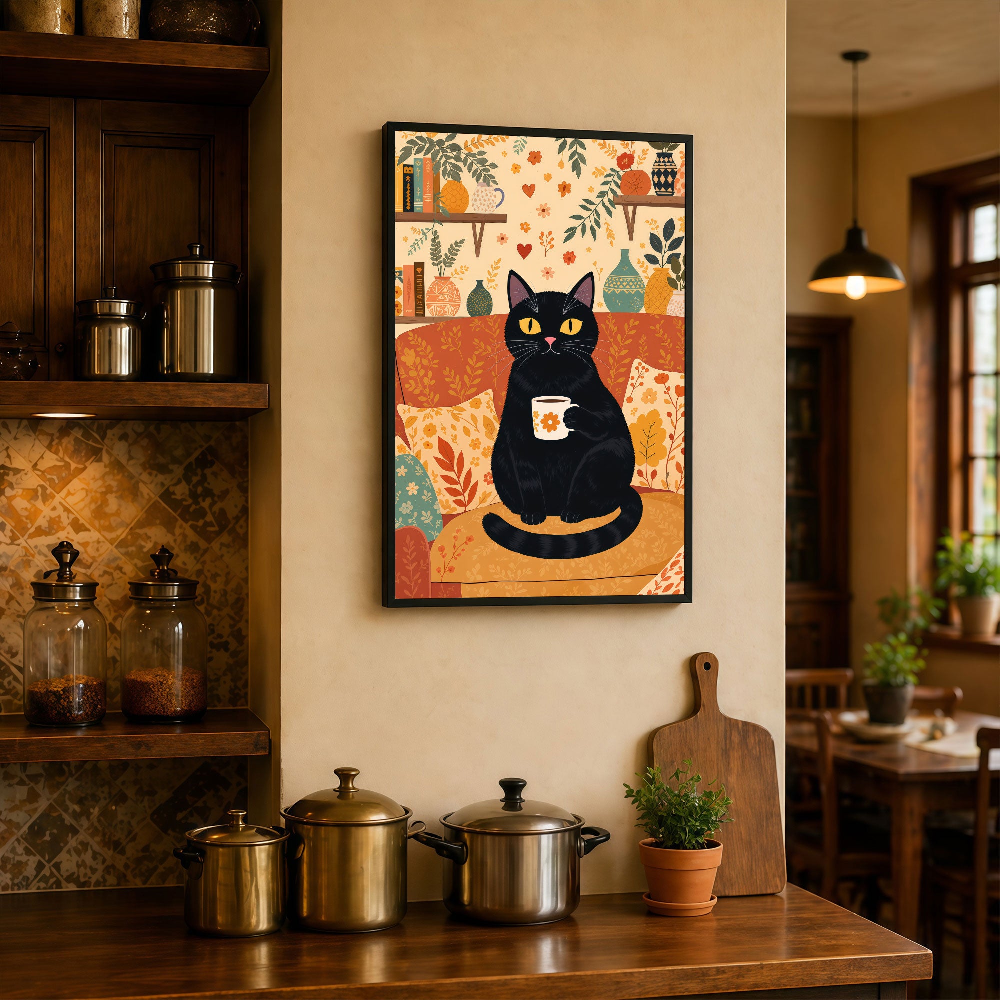 The Castle Decor Cute Black Cat Coffee Wall Art Frame | Cozy Kitchen & Dining Decor | Sparkle Finish MDF Painting with Premium Fiber Frame for Home