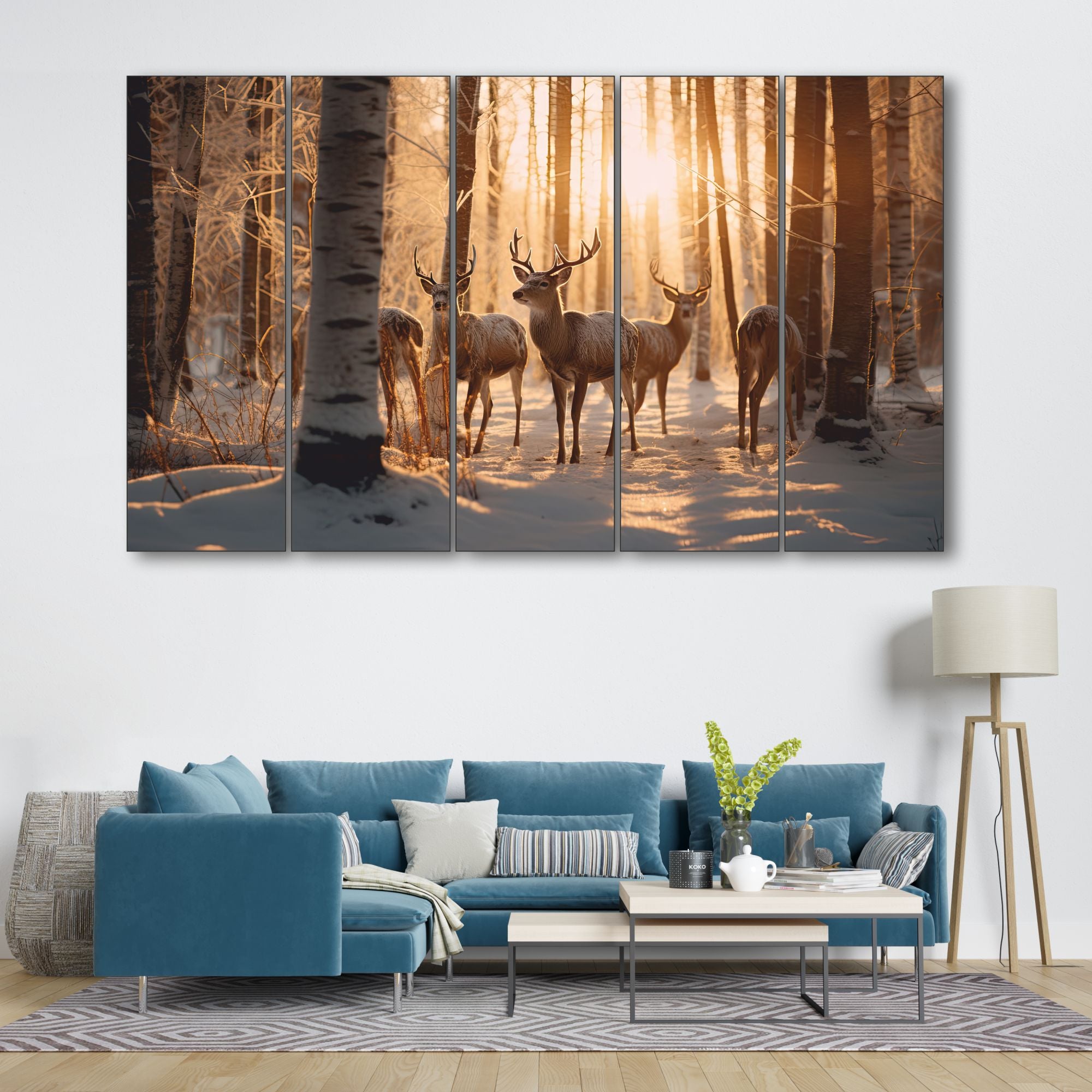 5 Reindeer Autumn Jungle Sunrise Set of 5 Big Size Multiple Frames Wall Art Painting for living room,Bedroom,Drawing room,Hotels-Wooden Framed-Digital Painting