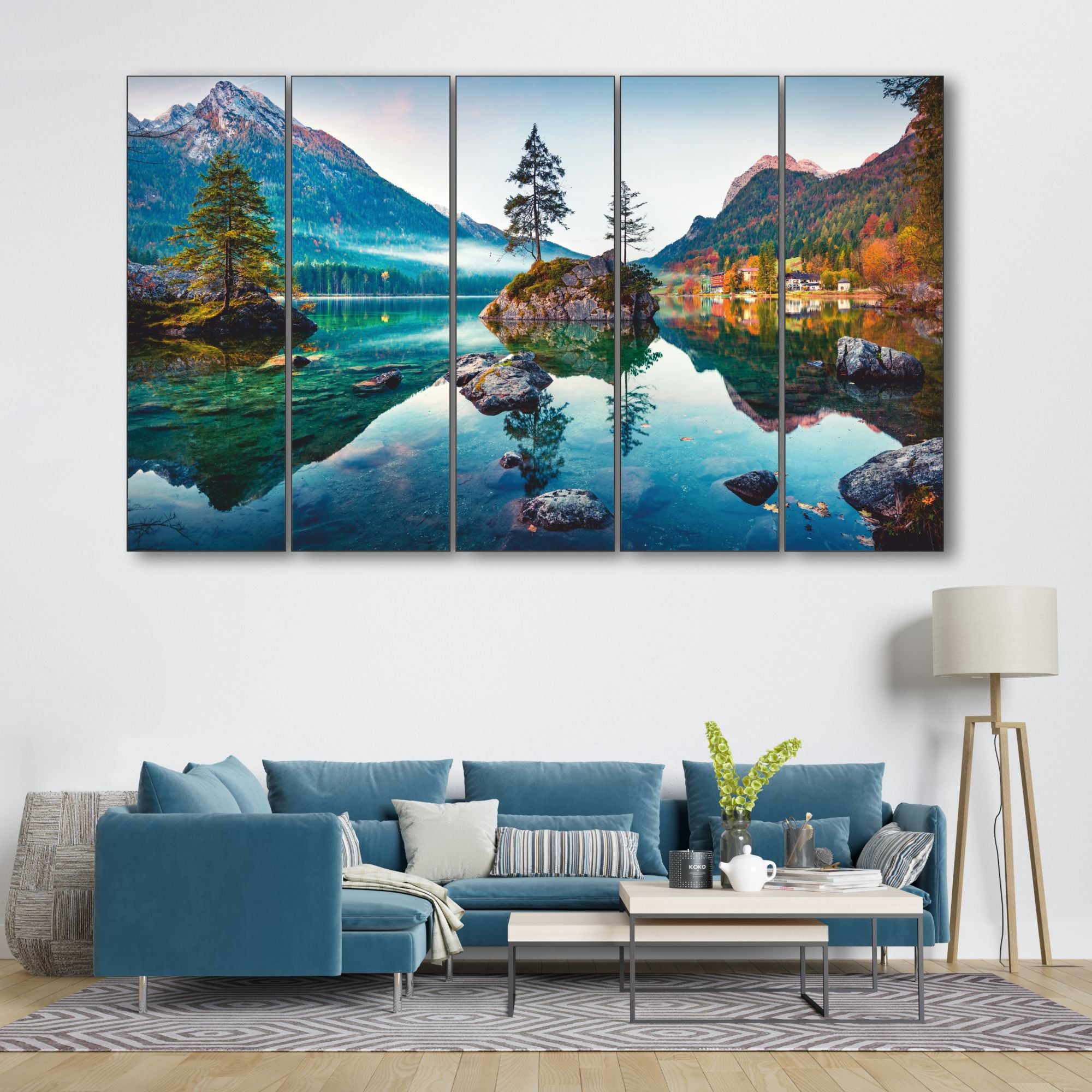 Beautiful Autumn scene of Hintersee Set of 5 Big Size Multiple Frames Wall Art Painting for living room,Bedroom,Drawing room,Hotels-Wooden Framed-Digital Painting