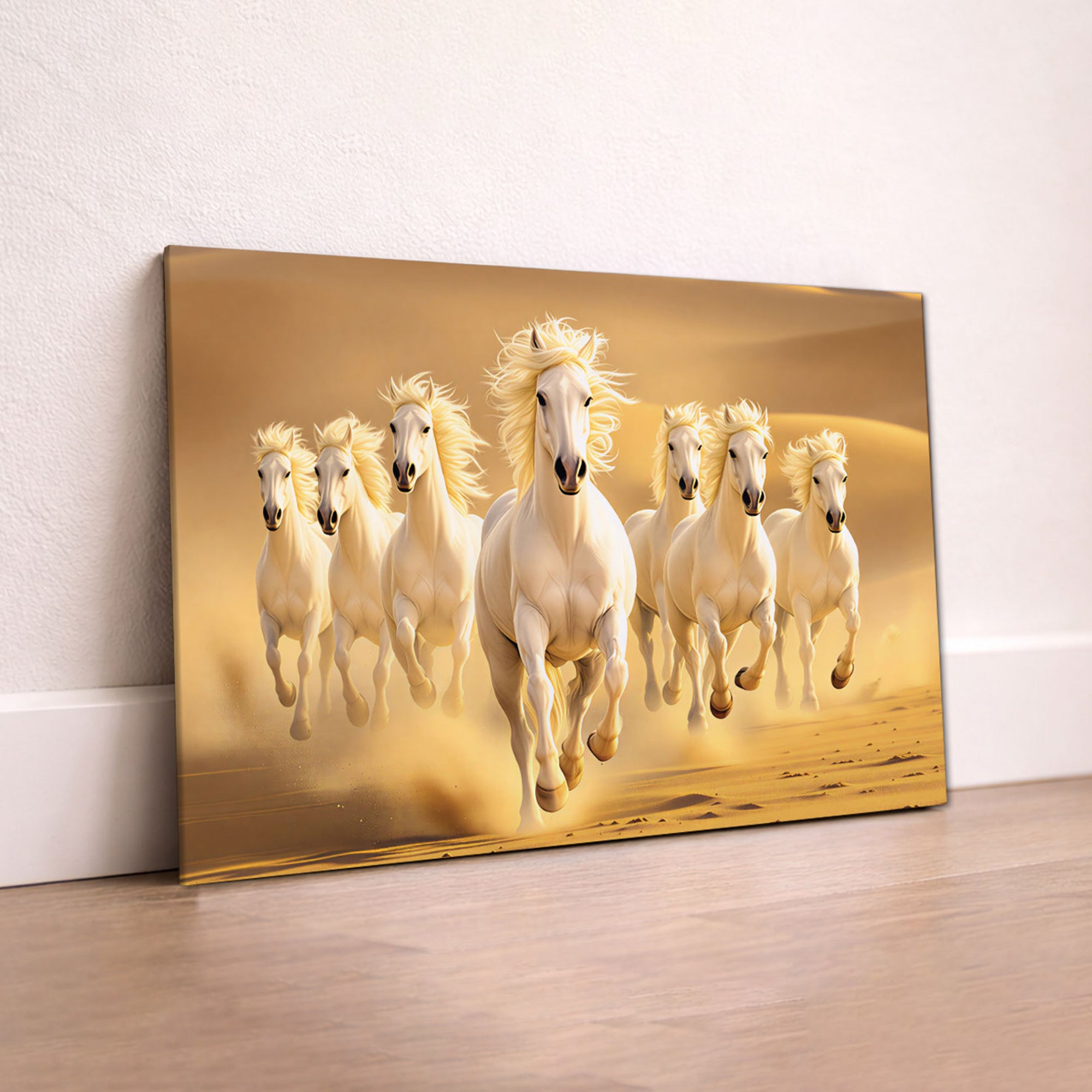 The Castle Decor 7 Running White Horses Wall Painting, Sunrise Sunset Theme, Vastu Wall Art for Living Room, Office, Bedroom Decor 12x18 inch 1004