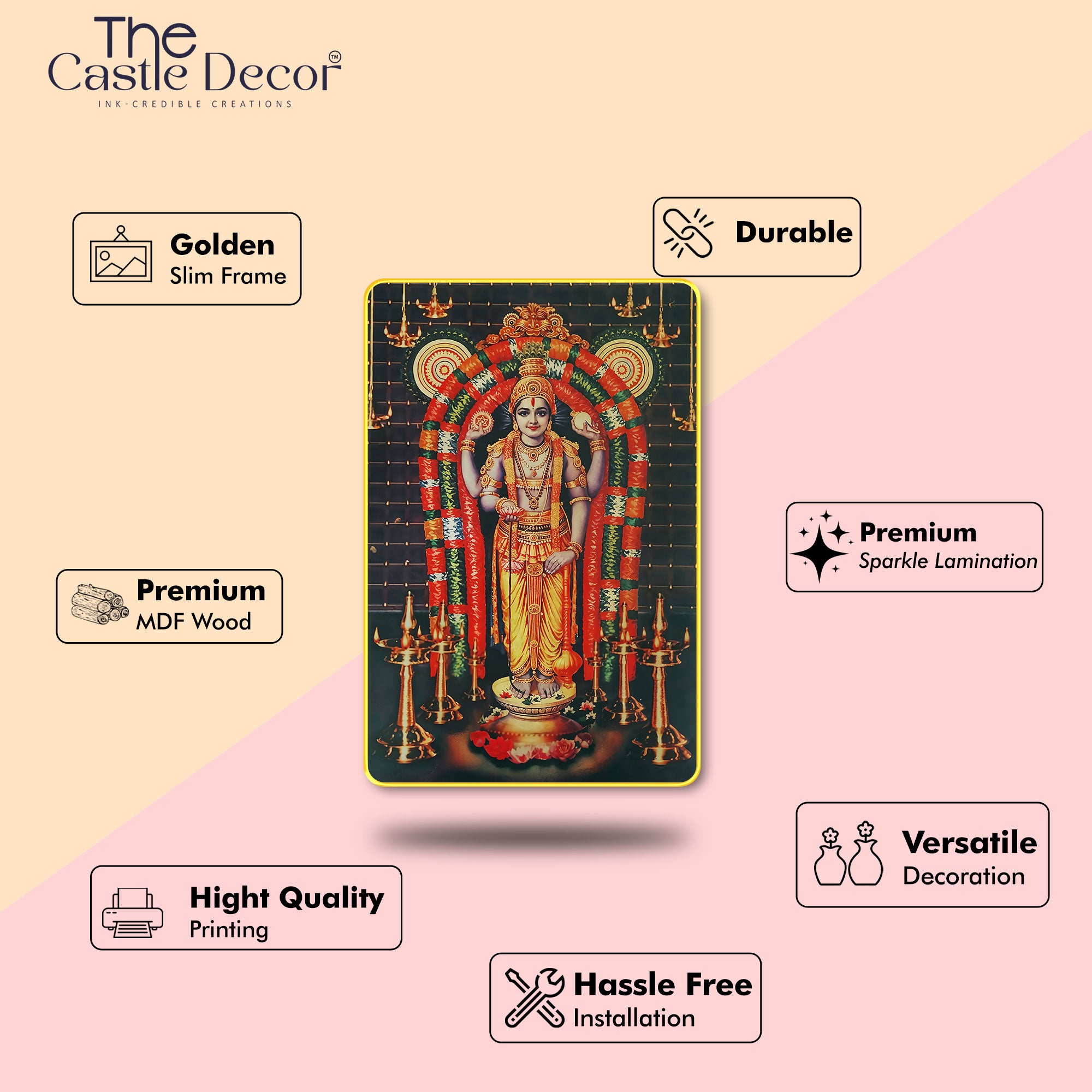 The Castle Decor Divine Shree Guruvayurappan Wall Art | Sparkle Laminated Digital Print in Golden Slim Frame | Spiritual Wall Décor for Pooja Room, Living Room, Bedroom & Office 20X30
