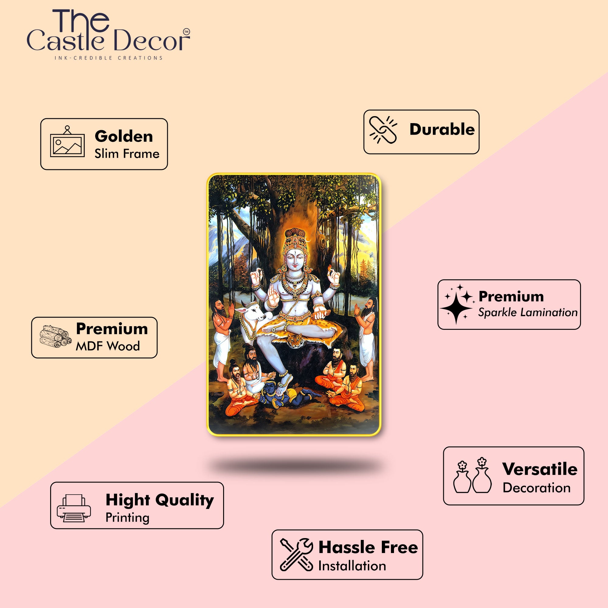 The Castle Decor Guru Dakshinamurthy MDF Digital Print Wall Frame | 20X30 Inch | Sparkle Lamination with Golden Slim Frame | Hindu Spiritual Wall Art for Home, Temple & Office Decor