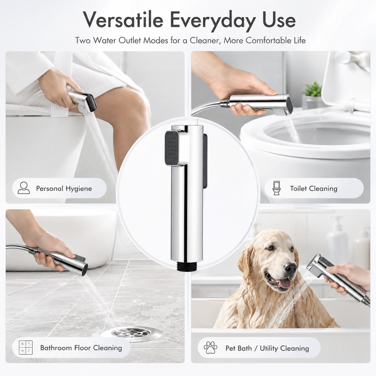 The Castle Decor dual mode health faucet spray gun, gentle wash and pressurised cleaning spray, ABS body, chrome finish and G1/2 inch connection.