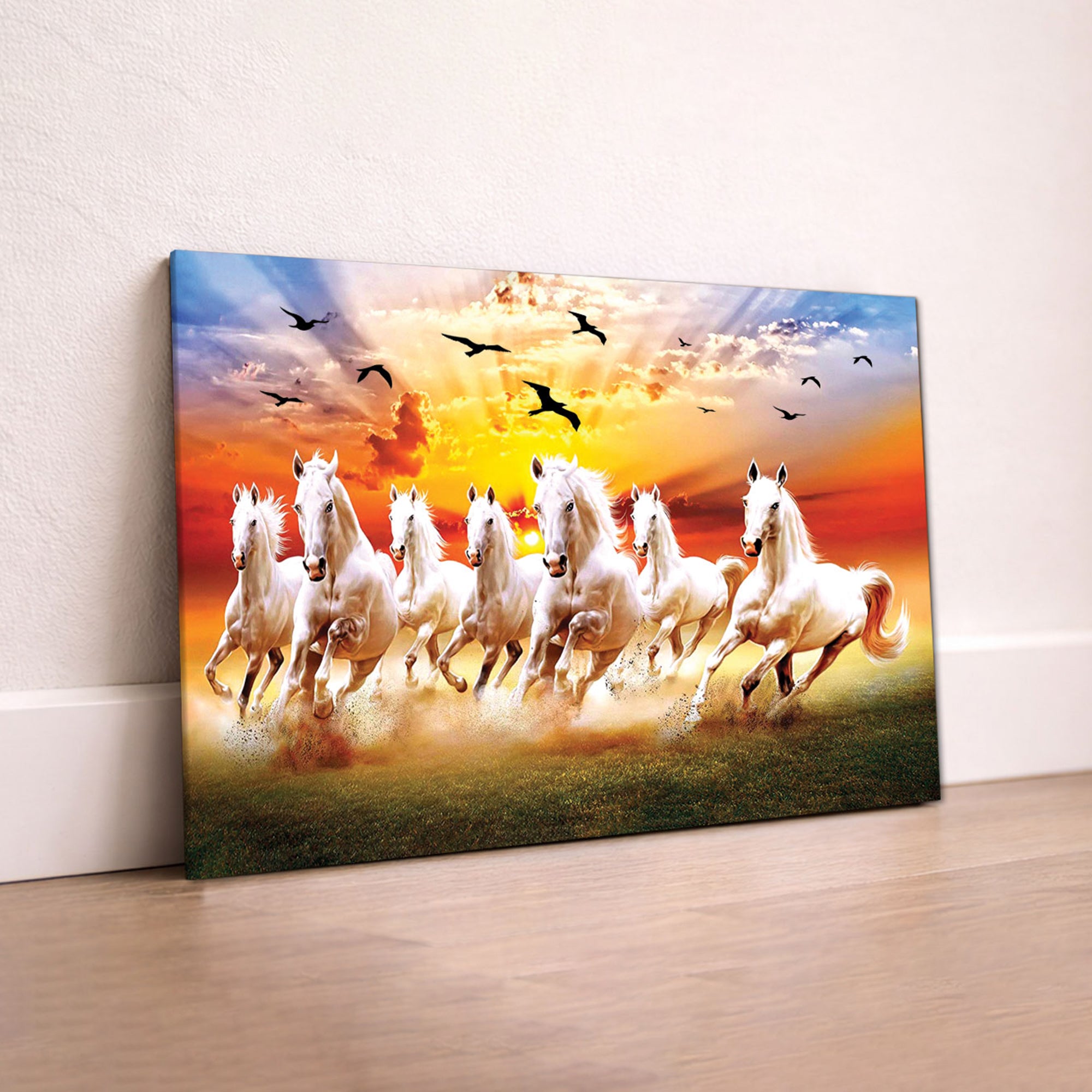 The Castle Decor 7 Running White Horses Wall Painting, Sunrise Sunset Theme, Vastu Wall Art for Living Room, Office, Bedroom Decor 12x18 inch 1003