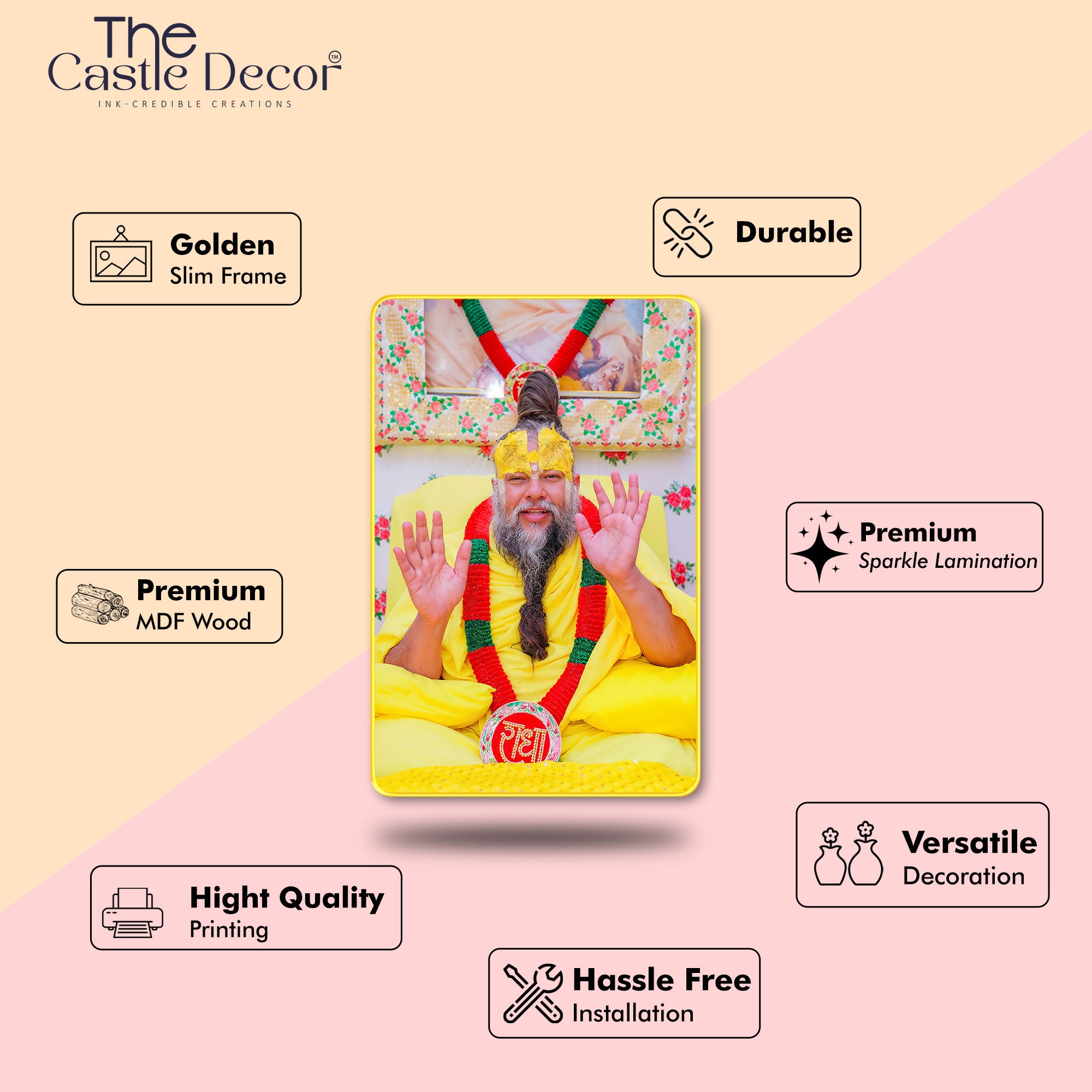 The Castle Decor Premanand Maharaj Ji Digital Print | Sparkle Laminated Photo Frame | Golden Slim Frame | Spiritual Wall Hanging for Home Temple, Living Room & Gifting 20X30 inches