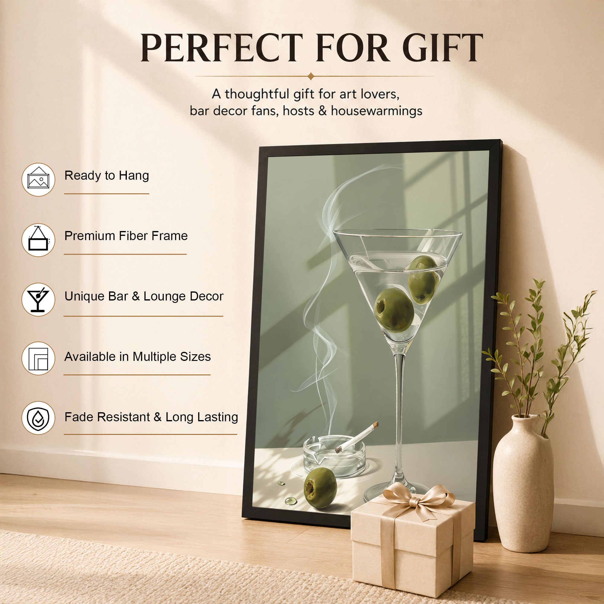 The Castle Decor Elegant Martini Glass with Olive Wall Painting | Modern Cocktail Bar Decor for Lounge, Cafe, Dining Room & Home Bar
