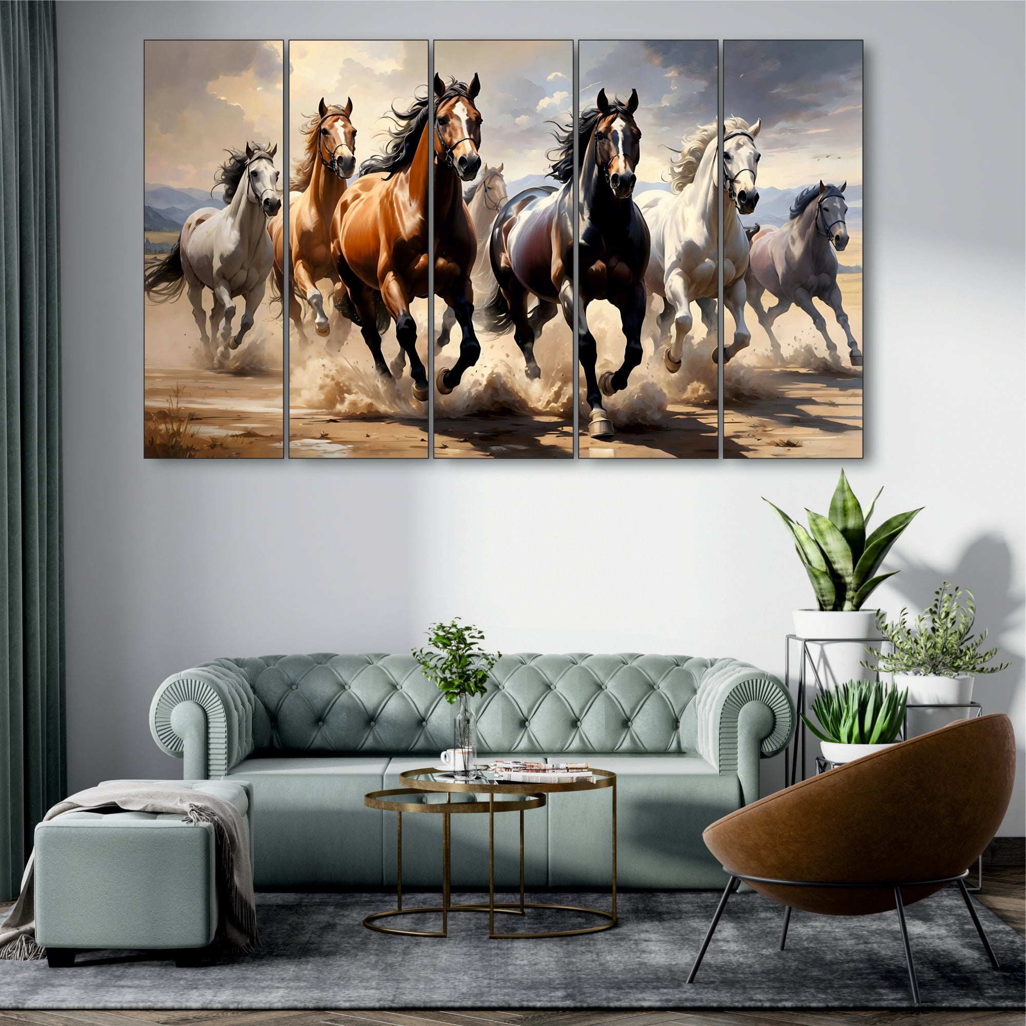 7 running horses Set of 5 Big Size Multiple Frames Wall Art Painting for living room,Bedroom,Drawing room,Hotels-Wooden Framed-Digital Painting