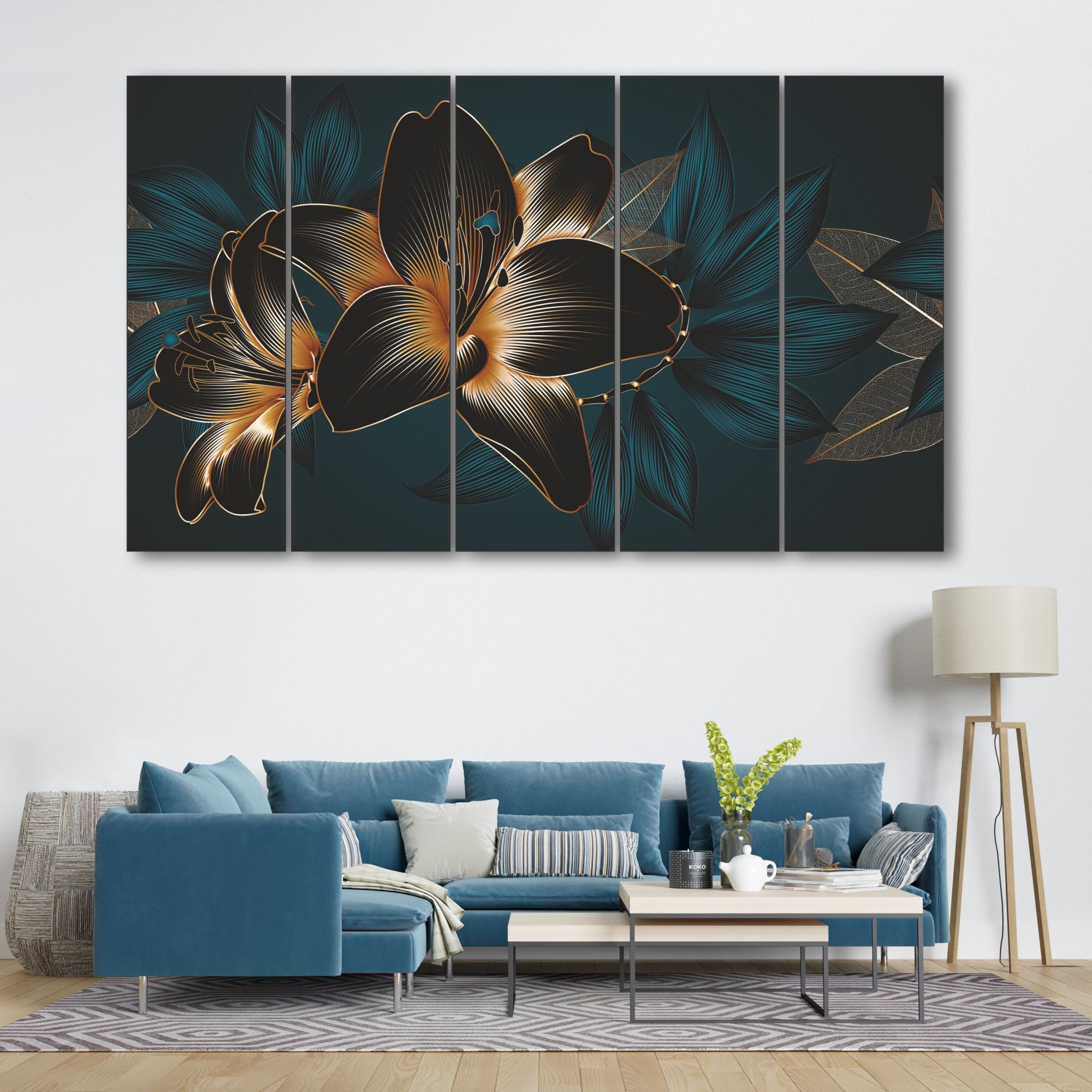 Black leaf flower Set of 5 Big Size Multiple Frames Wall Art Painting for living room,Bedroom,Drawing room,Hotels-Wooden Framed-Digital Painting