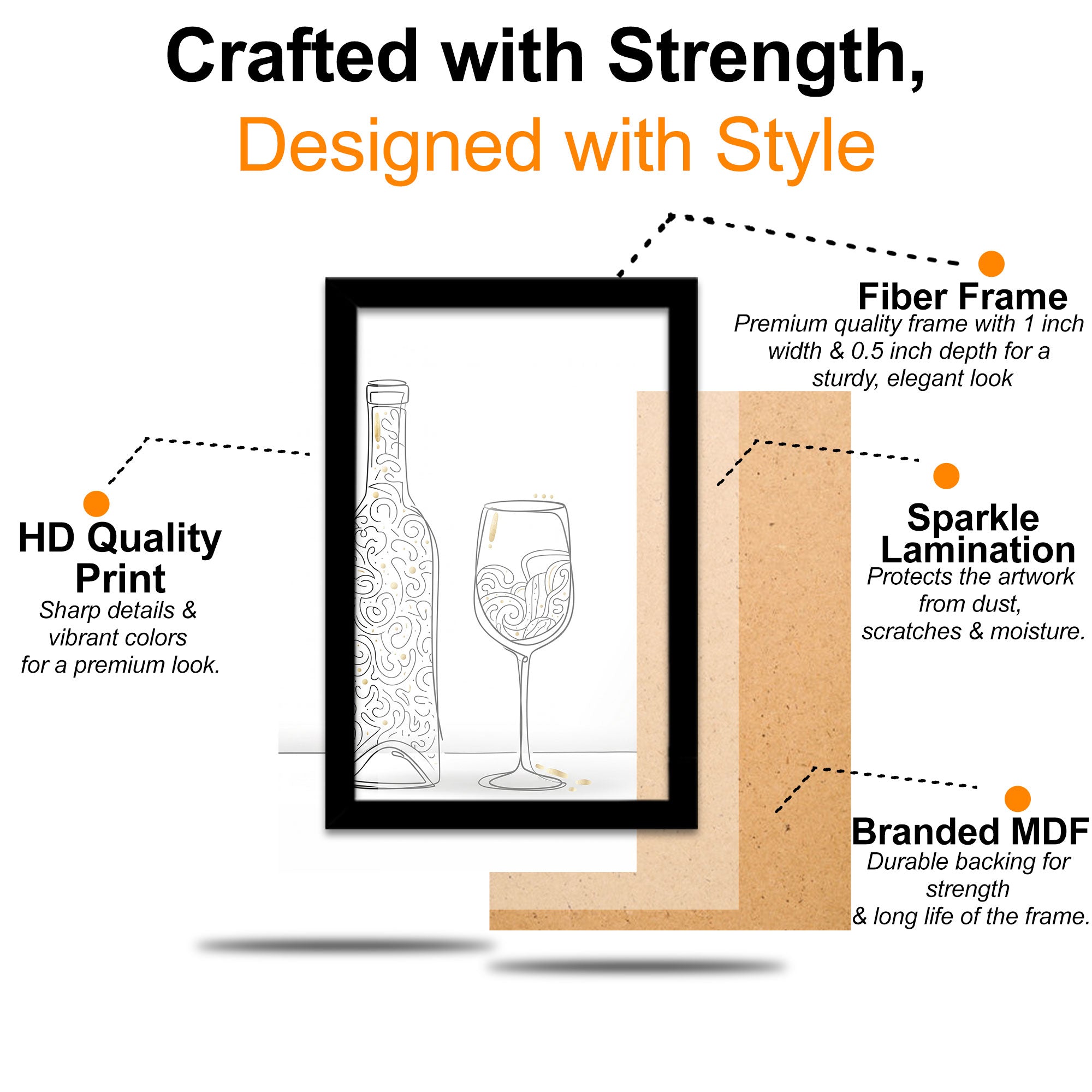The Castle Decor Minimal Kitchen Wall Art Set of 3 Frame | Wine, Heart & Cutlery Line Art Decor | Sparkle Lamination Finish with Premium Fiber Frame for Dining