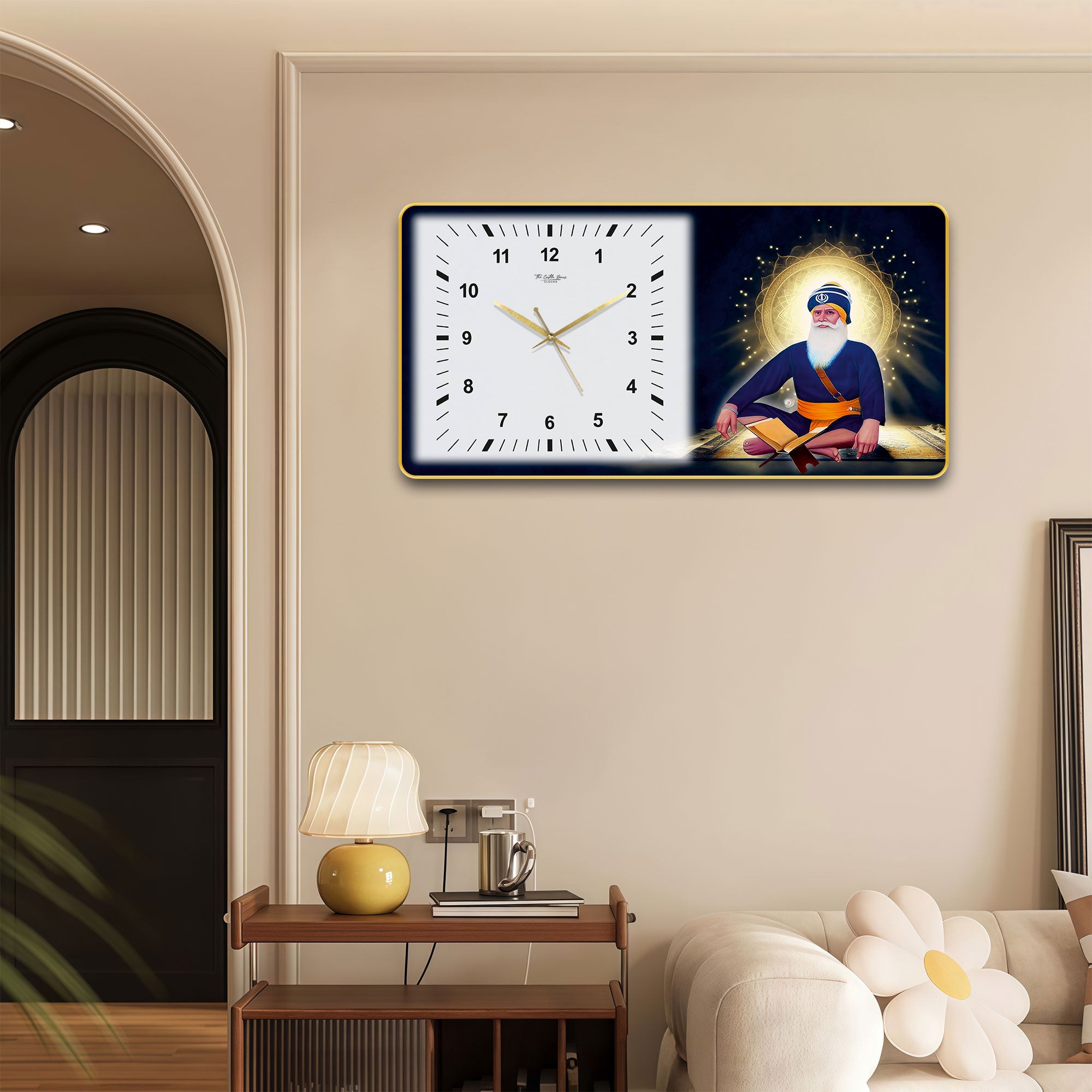 The Castle Decor Baba Deep Singh Ji Wall Clock 24x12 Inch, Silent Sweep Non-Ticking Decorative Clock with Golden Slim Frame