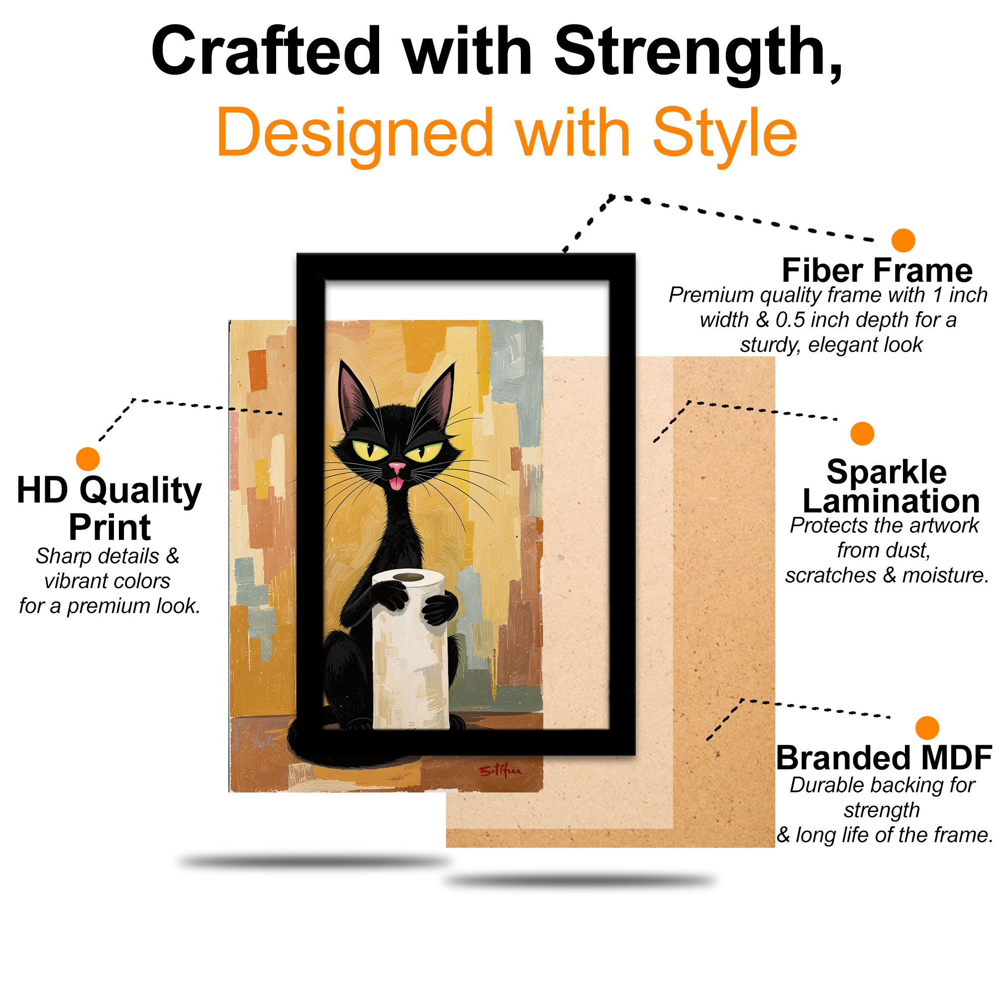 The Castle Decor Funny Black Cat Holding Toilet Paper Framed Wall Art – Mid Century Modern Retro Animal Poster, Humorous Abstract Bathroom Wall Decor for Restroom