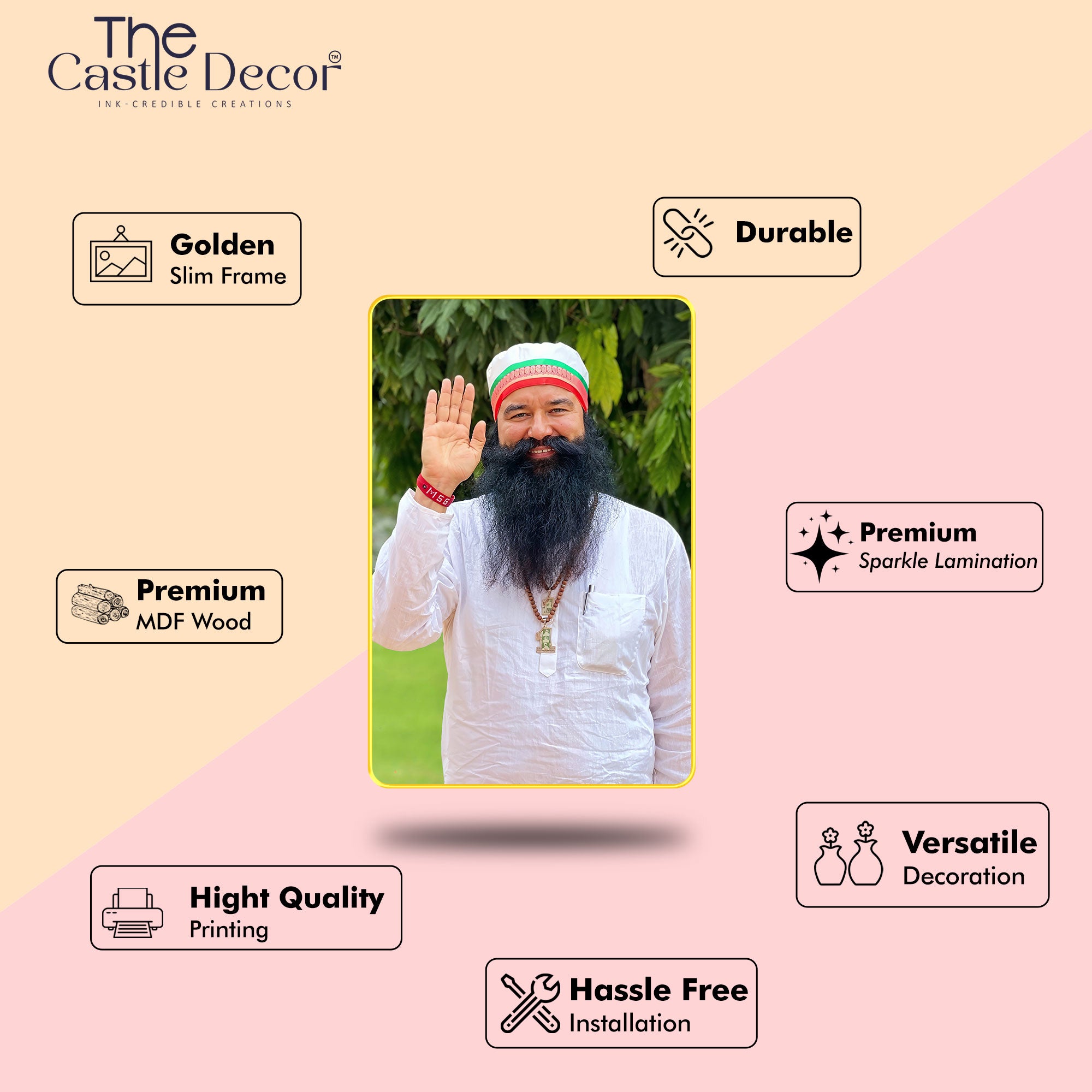 Ram Rahim Ji Digital Wall Art | Sparkle Laminated Golden Slim Frame | Photo Frame for Spiritual Home & Office Décor 20X30 Inches