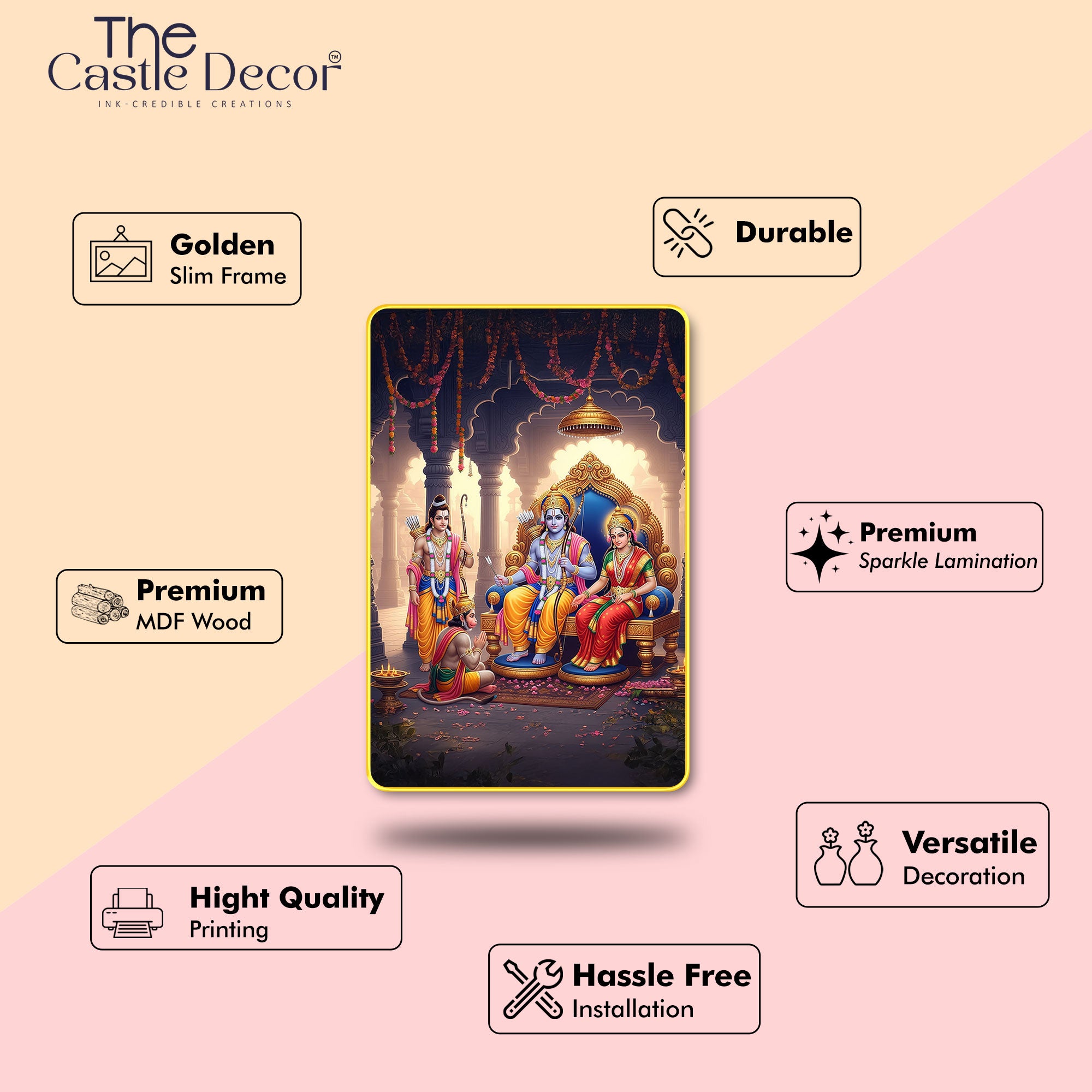 The Castle Decor Ram Darbar Digital Print | Sparkle Laminated Golden Slim Frame | Spiritual Wall Hanging for Home Temple, Living Room & Gifting (20X30Inch) (Copy)