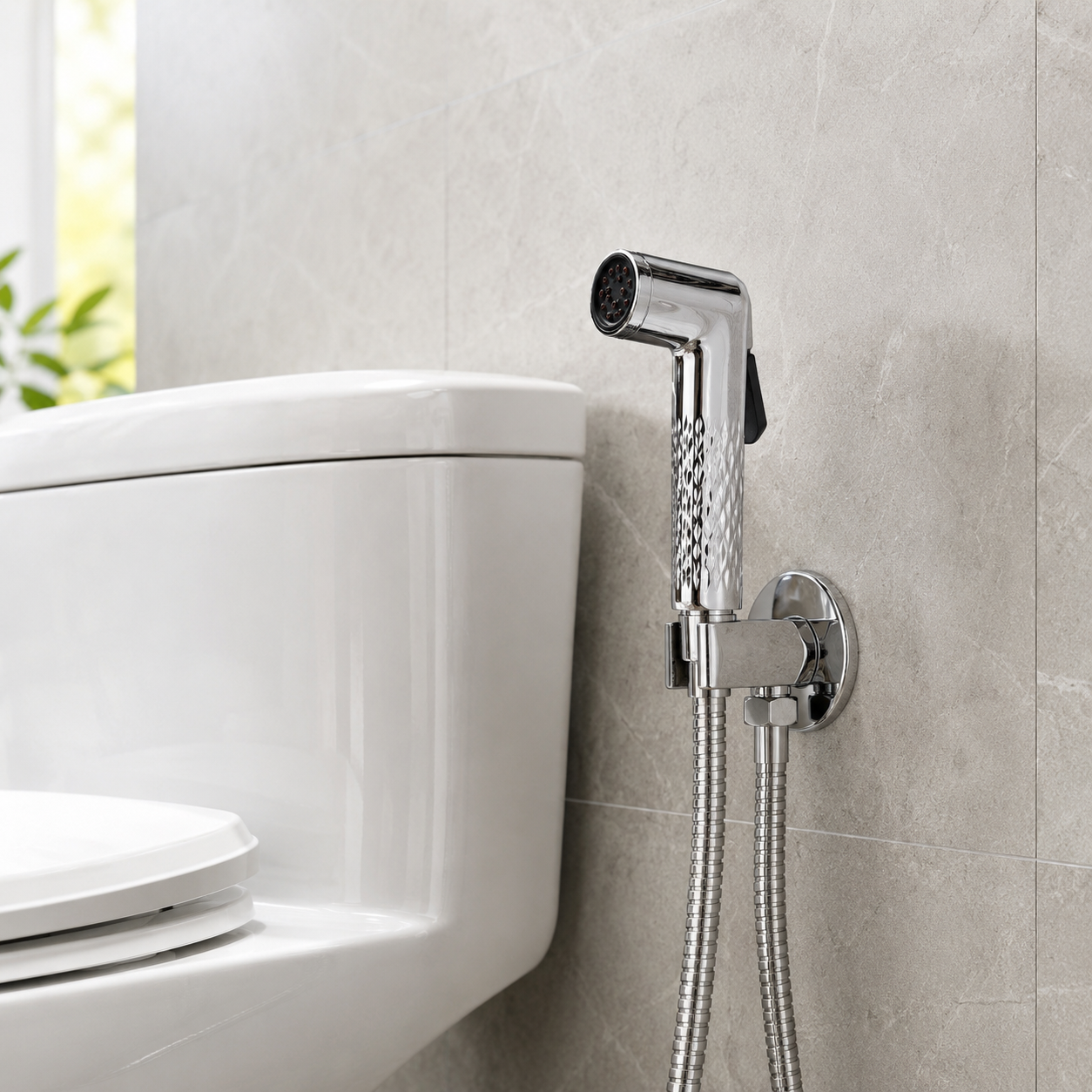 The Castle Decor Self-Cleaning Health Faucet Set with SS Hose, Anti-Clog Nozzle, Chrome Finish, Press Trigger, Wall Holder & 1/2 Inch Connection