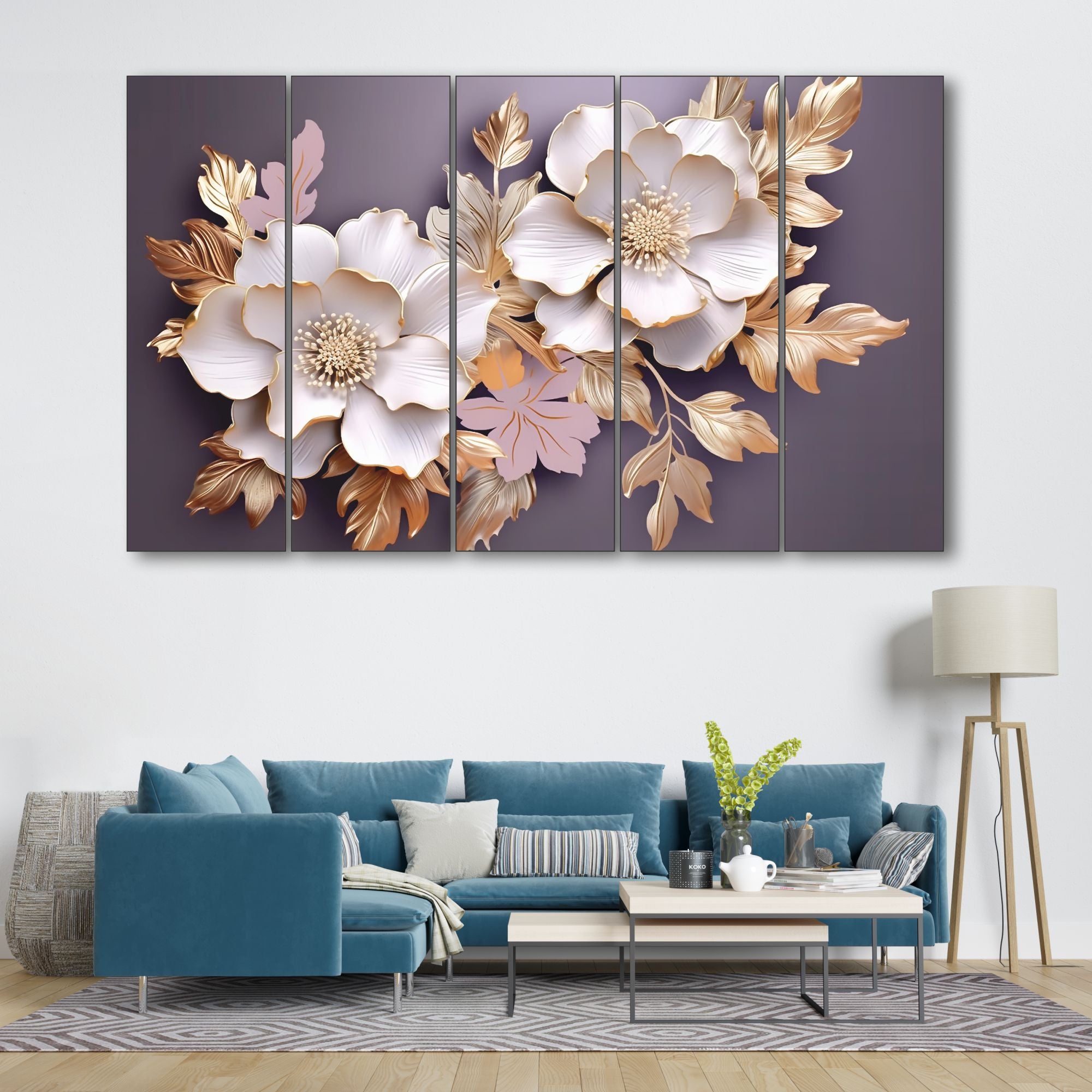 Floral Set of 5 Big Size Multiple Frames Wall Art Painting for living room,Bedroom,Drawing room,Hotels-Wooden Framed-Digital Painting