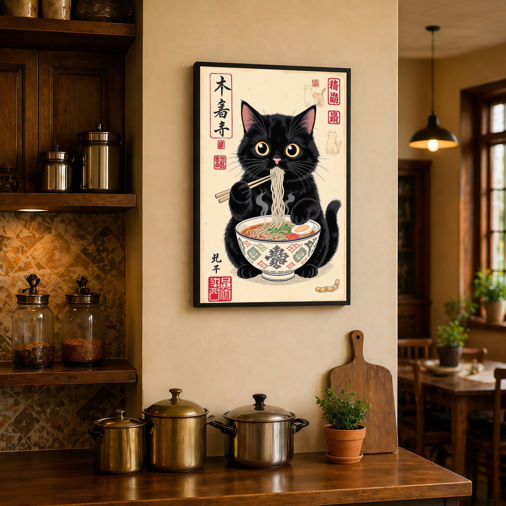 The Castle Decor Cute Cat Eating Ramen Wall Art Frame  | Japanese Kitchen Decor | Sparkle Finish Painting with Premium Fiber Frame for Home, Café & Dining