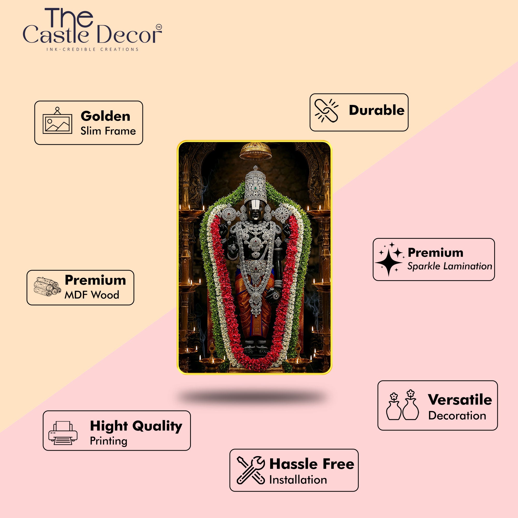Lord Venkateshwara Tirupati Balaji Wall Frame | Premium Sparkle Laminated Digital Art in Golden Slim Frame | Sacred Temple & Home Décor for Living Room, Bedroom & Office 20X30 Inches
