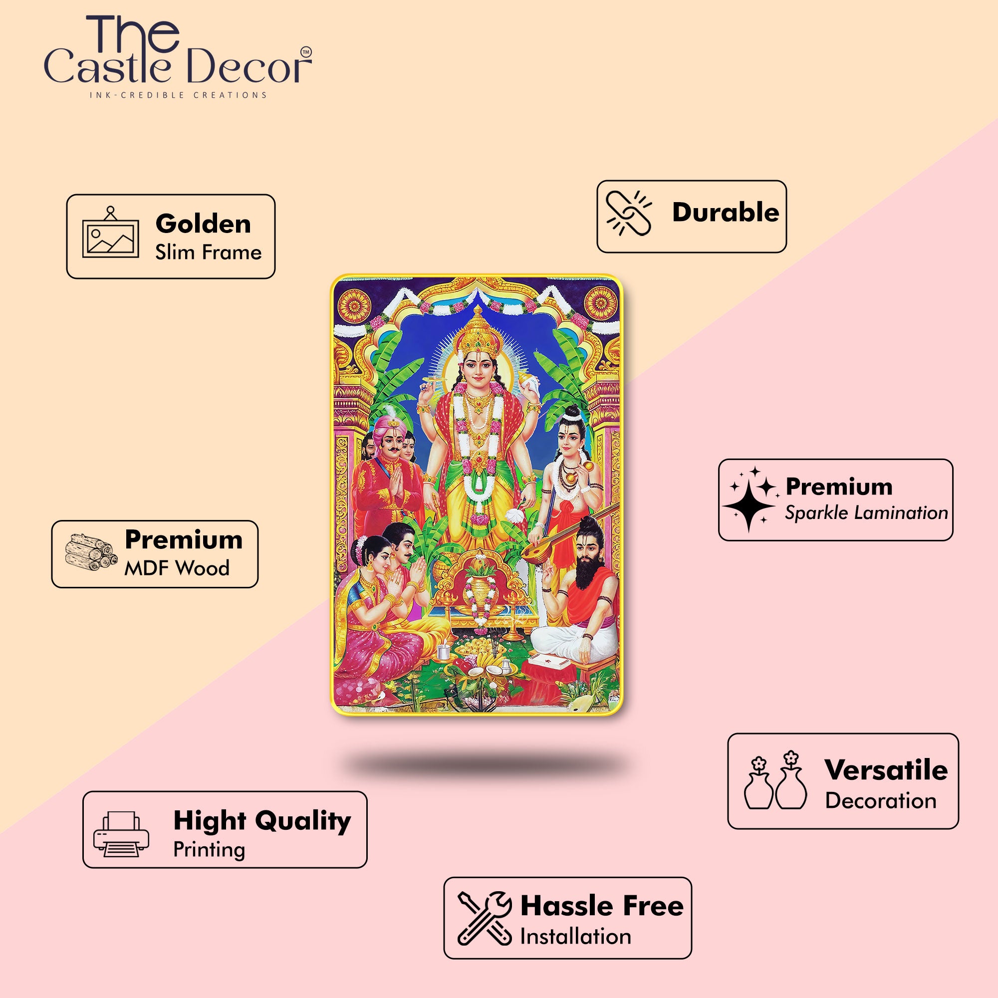 The Castle Decor Divine Lord Satyanarayan Sparkle Digital Print | Premium Golden Slim Frame | Sacred Hindu God Wall Decor for Home, Office & Temple 20X30 Inches