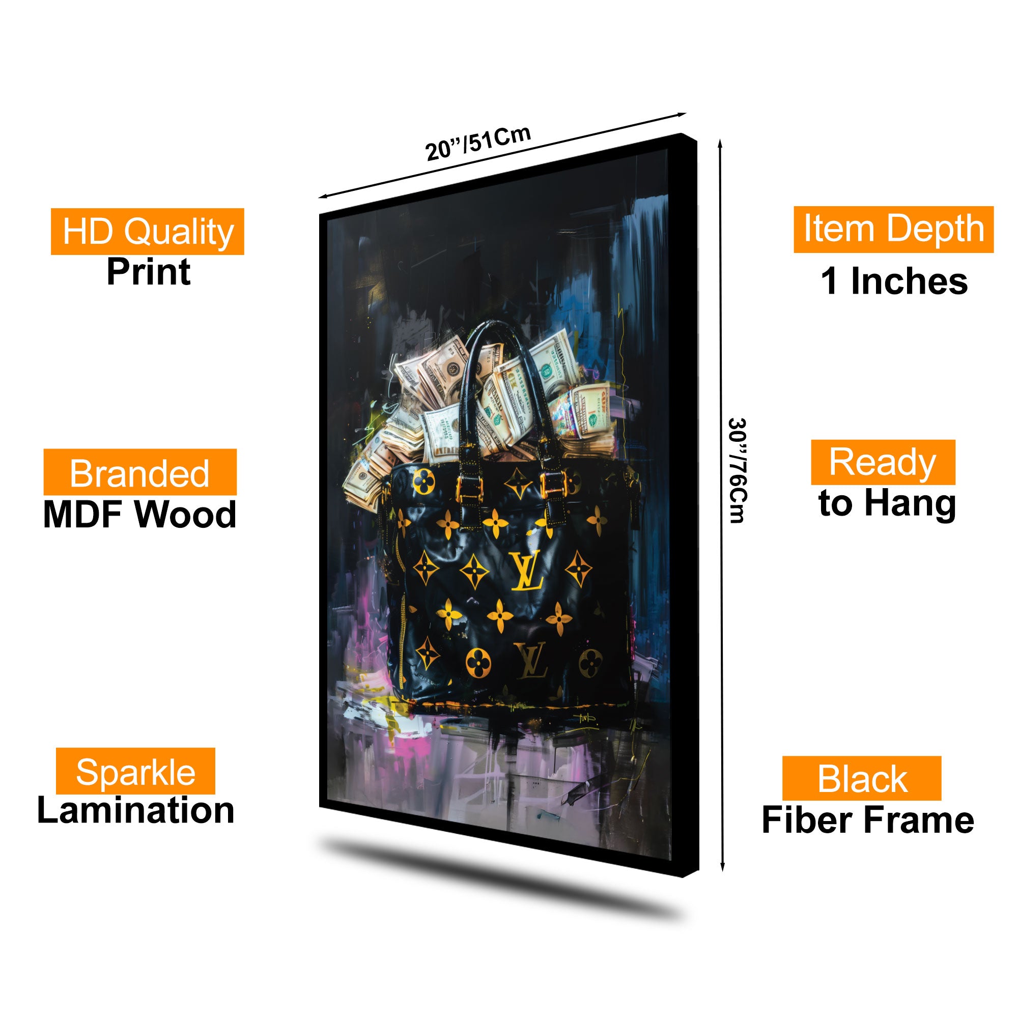 The Castle Decor Luxury Money Bag Wall Art Poster, Designer Fashion Inspired Wealth Abstract Artwork with Premium Sparkle Finish, 20×30 Inch Wall Décor for Office & Man Cave
