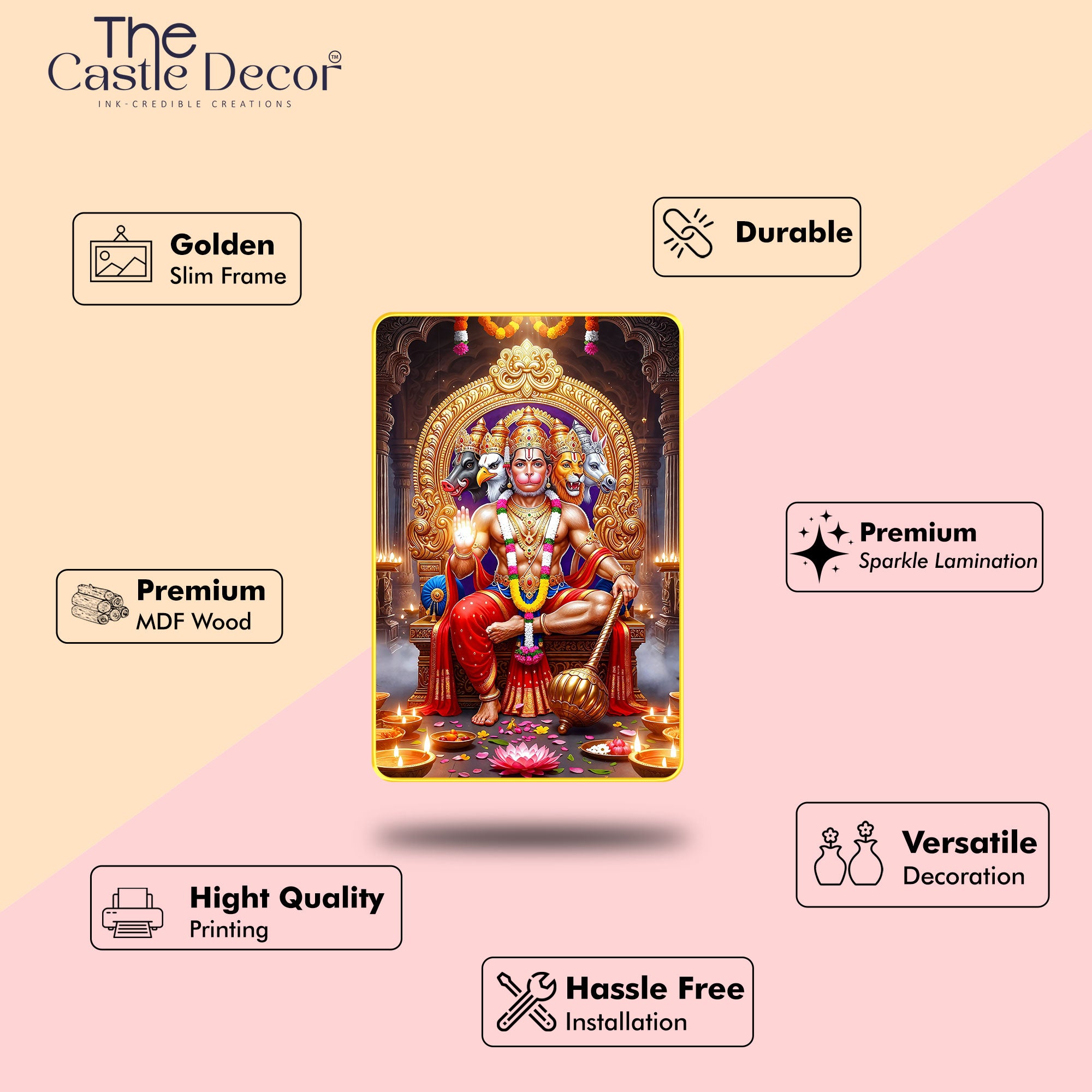 The Castle Decor Panchmukhi Hanuman Ji Digital Print Wall Frame with Sparkle Lamination & Golden Slim Frame | Devotional Wall Art for Home Temple & Festive Gifting 20X30 Inches