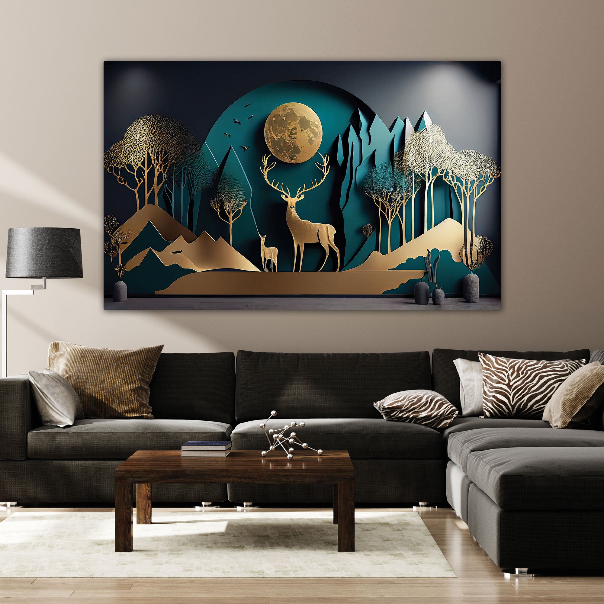 Golden deer Canvas painting with frame Big Size Wall Art for living room,Bedroom,Drawing room,Hotels