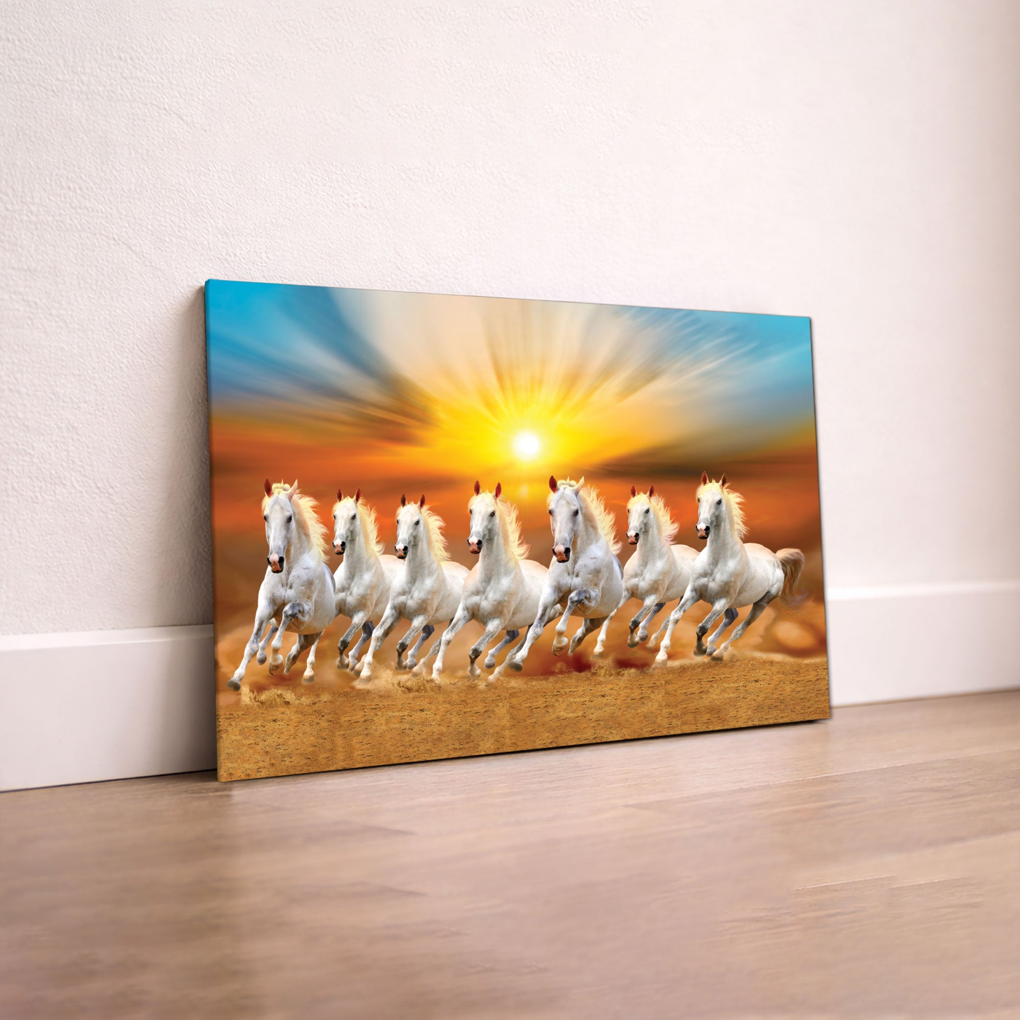 The Castle Decor 7 Running White Horses Wall Painting, Sunrise Sunset Theme, Vastu Wall Art for Living Room, Office, Bedroom Decor 16x24 1005