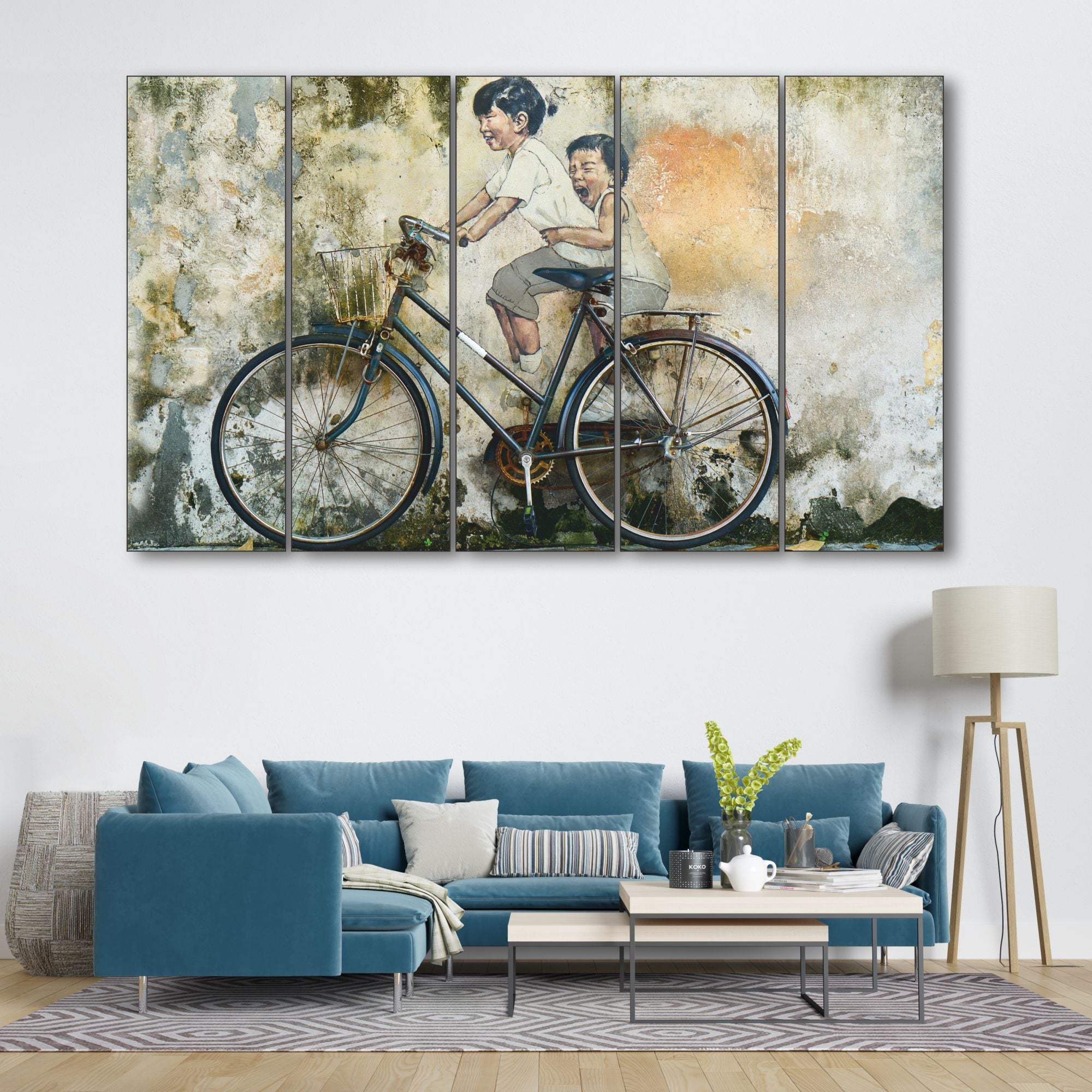 Beautiful Modern art riding bicycle Set of 5 Big Size Multiple Frames Wall Art Painting for living room,Bedroom,Drawing room,Hotels-Wooden Framed-Digital Painting