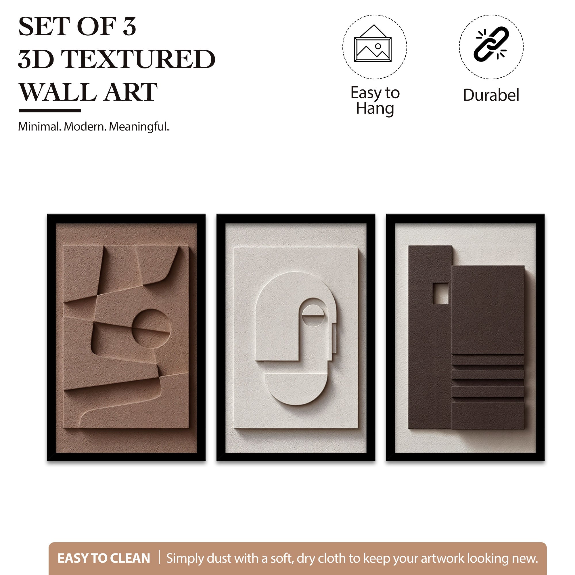 The Castle Decor 3-Piece Modern Minimalist 3D Relief Wall Art Set – Abstract Geometric Sculptural Framed Art, Neutral Terracotta & Cream Textured Bas-Relief Panels for Living Room, Staircase, Entryway